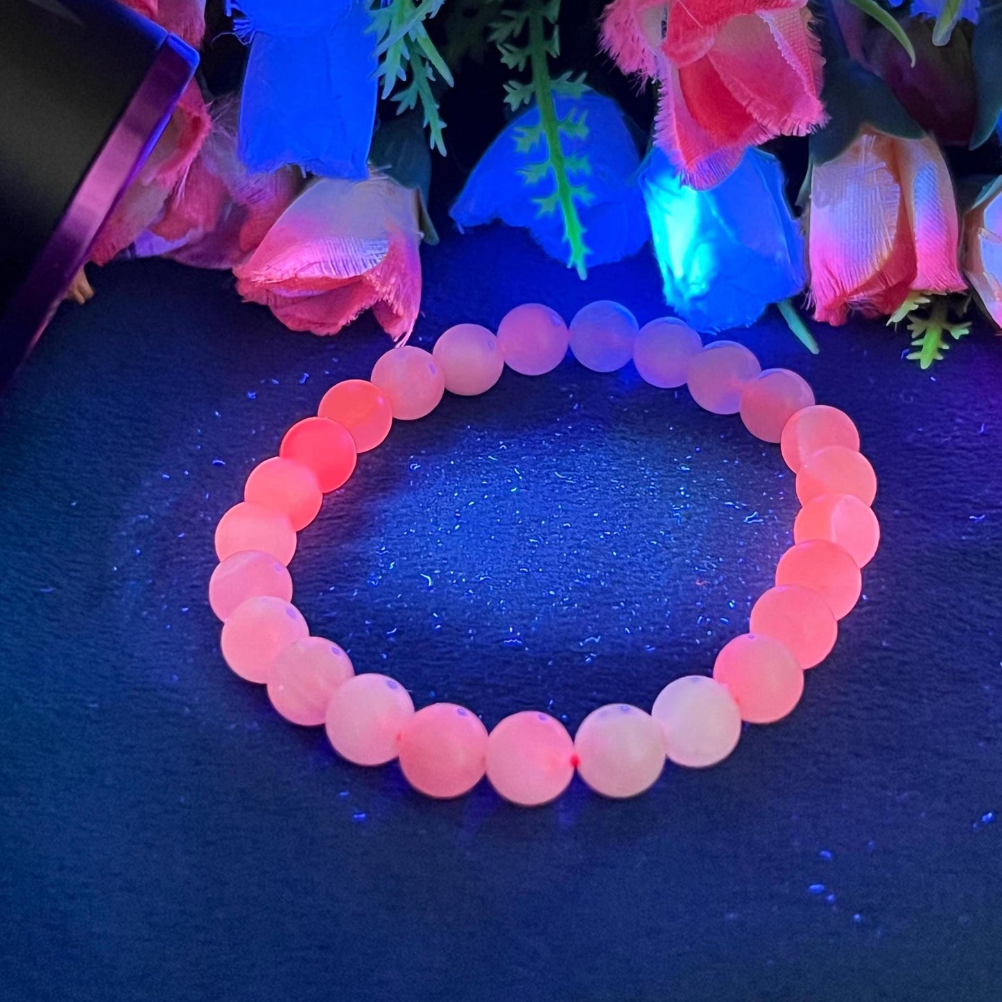 Pink Aragonite Stone Bracelet (U V Light) l Stretchable Bracelet l Unisex Bracelet l 8 MM Bracelet