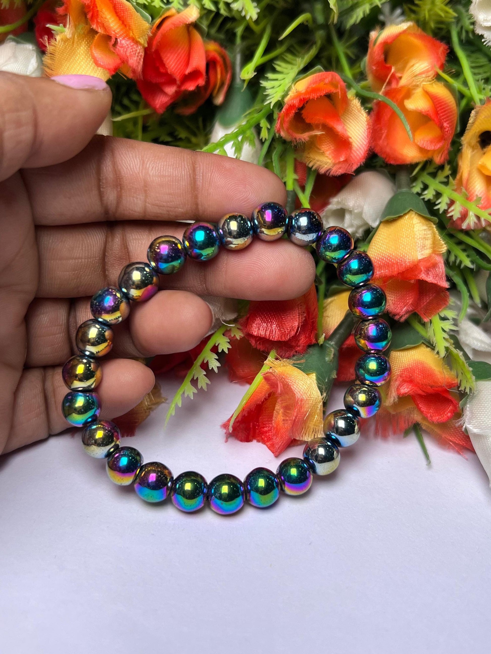 Titanium Aura Quartz Stone Bracelet l Stretchable Bracelet l Unisex Bracelet l 8 MM Bracelet