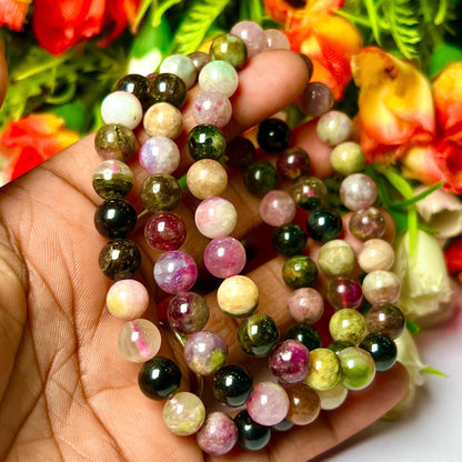 10 MM Watermelon Tourmaline Stone Bracelet l Stretchable Bracelet l Unisex Bracelet