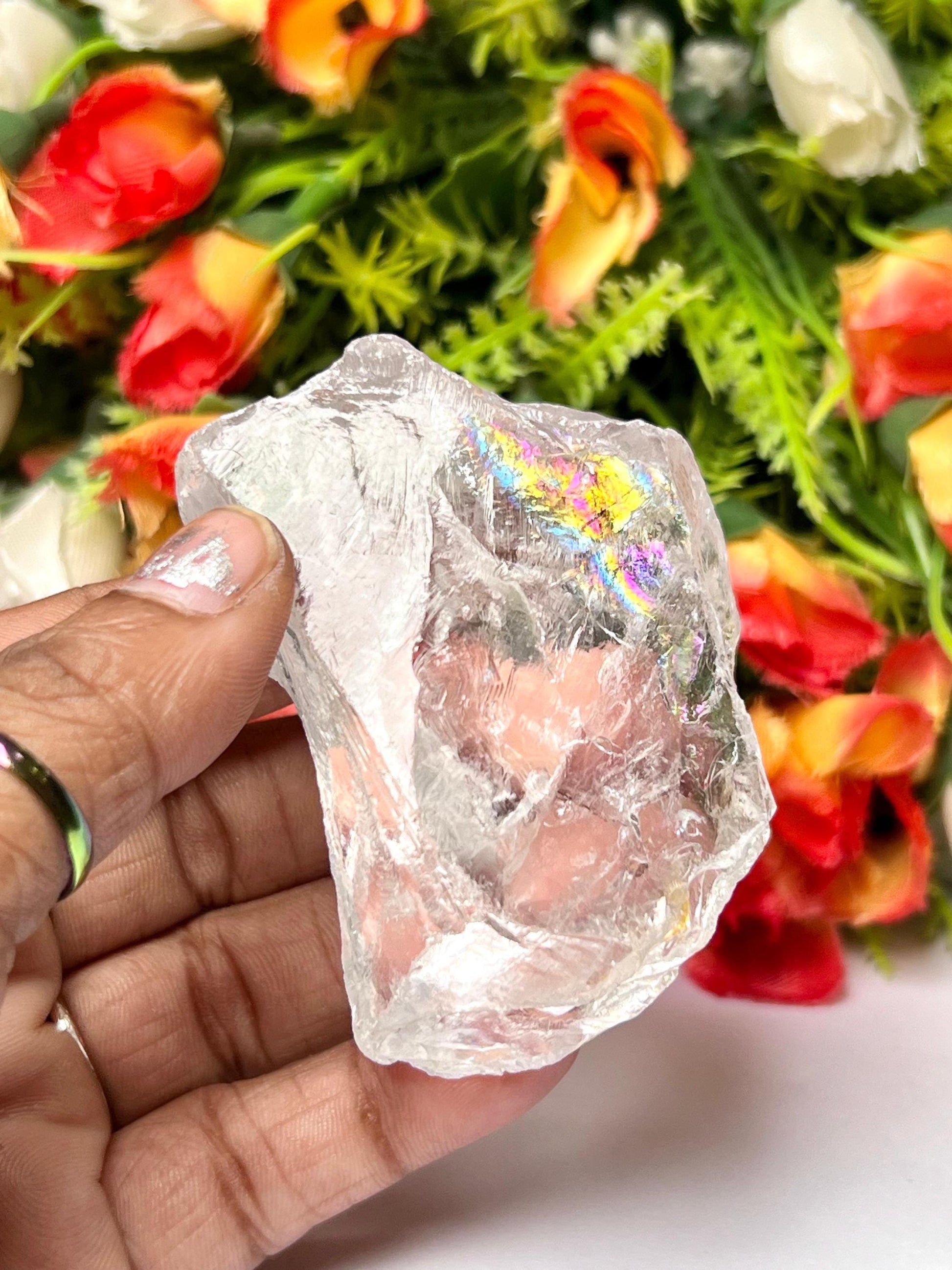 Premium Rainbow Satyaloka Quartz Crystal Natural Rough Stone with Beautiful Rainbow 132 Gram