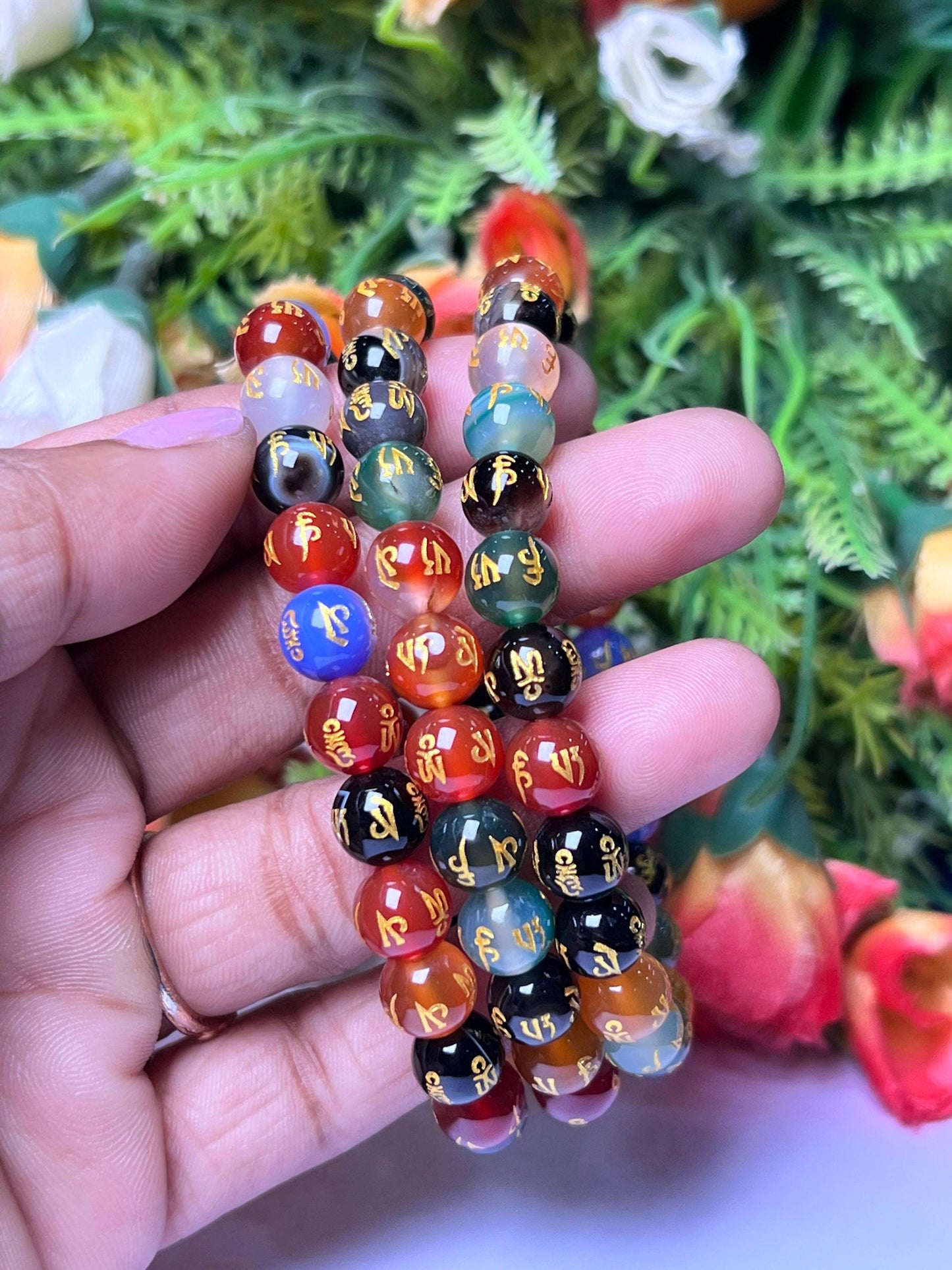 10 MM Om Mani Padme Hum Multi Onyx Stone Bracelet l Stretchable Bracelet l Unisex Bracelet