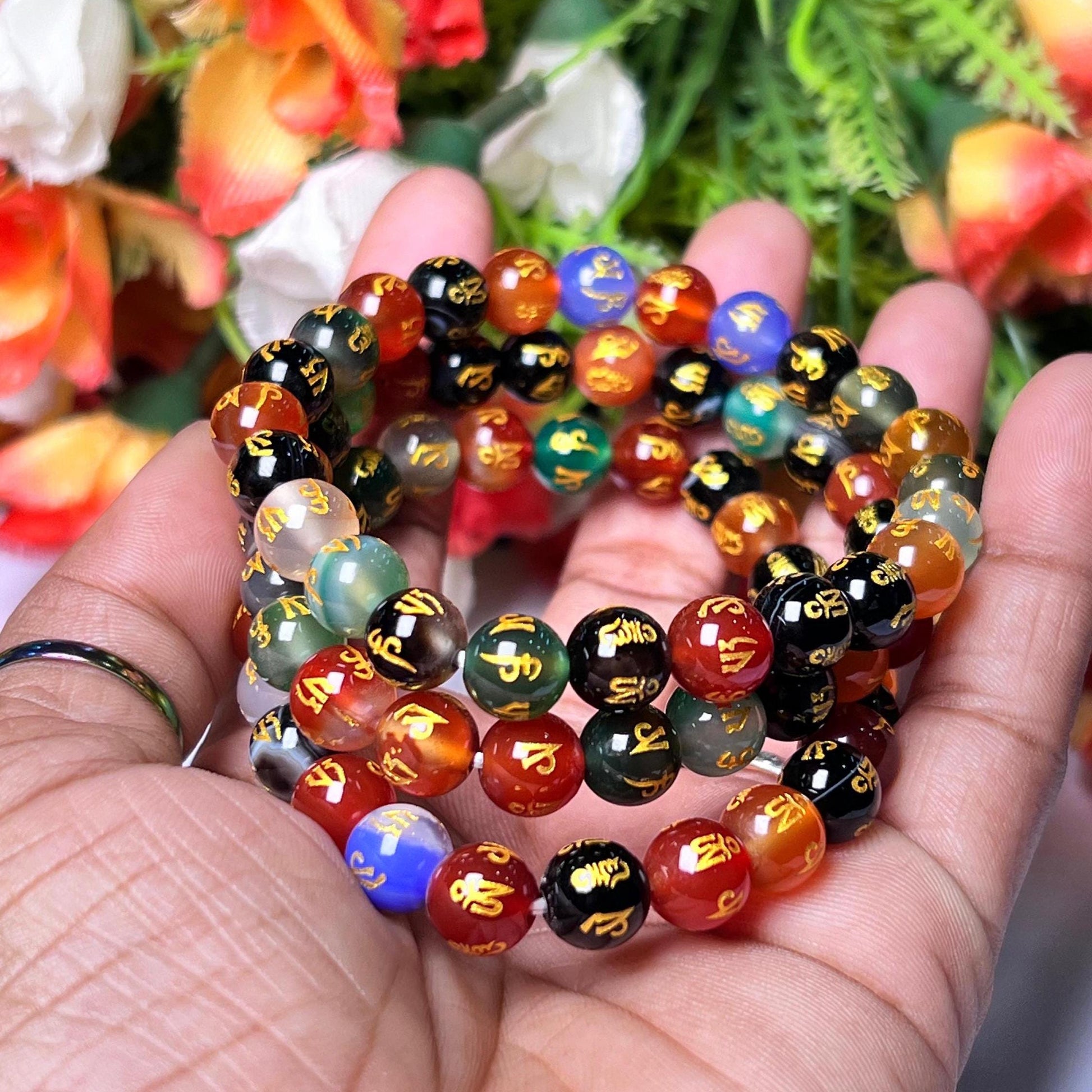 10 MM Om Mani Padme Hum Multi Onyx Stone Bracelet l Stretchable Bracelet l Unisex Bracelet