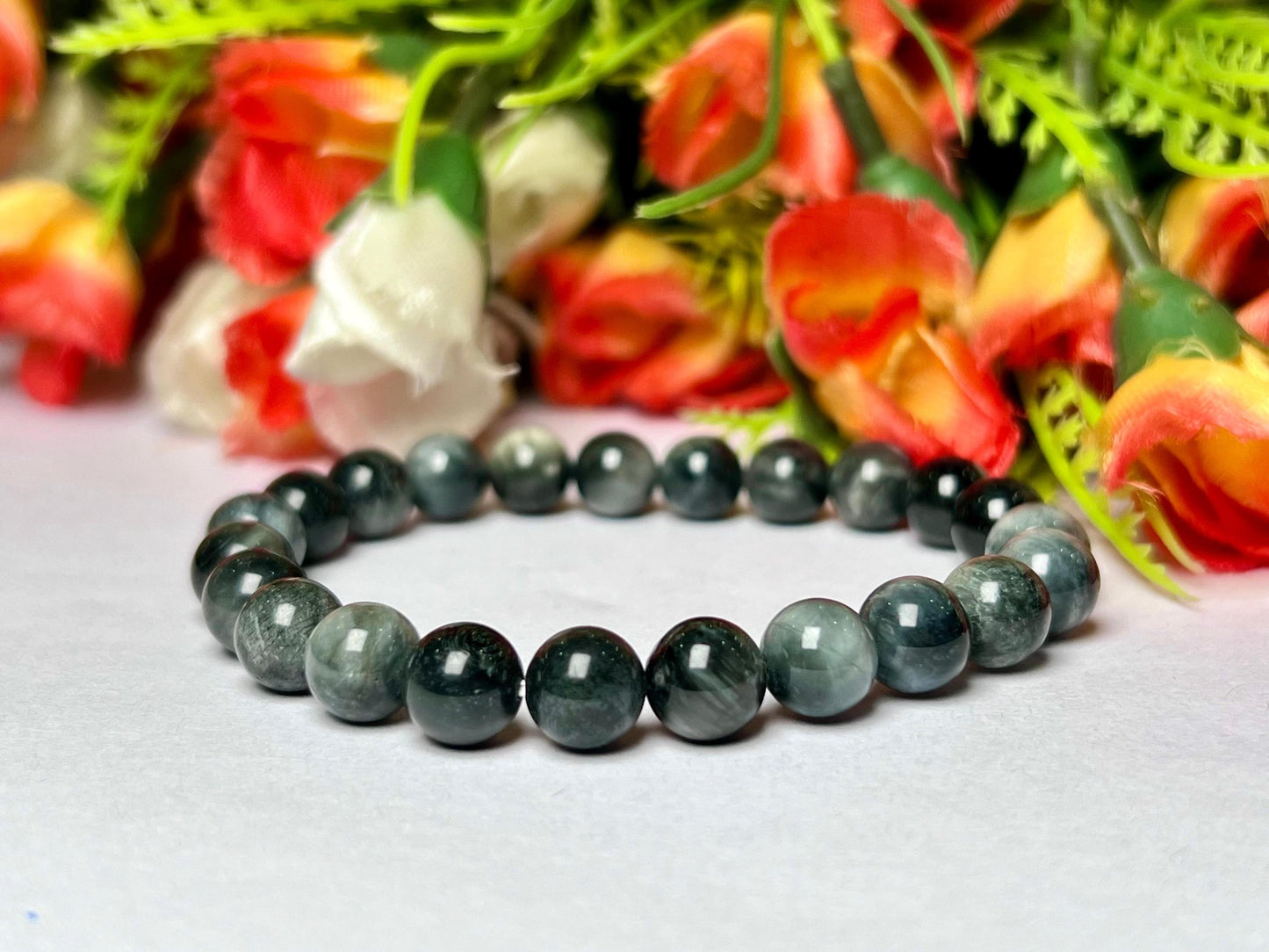 Gray Cat's Eye Stone Bracelet l Stretchable Bracelet l Unisex Bracelet l 8 MM Bracelet