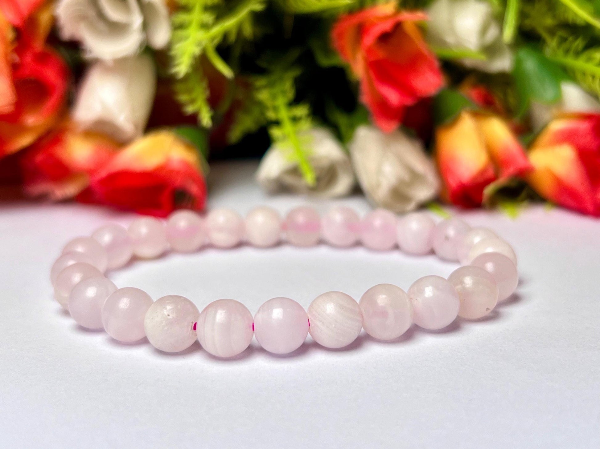 Pink Aragonite Stone Bracelet (U V Light) l Stretchable Bracelet l Unisex Bracelet l 8 MM Bracelet