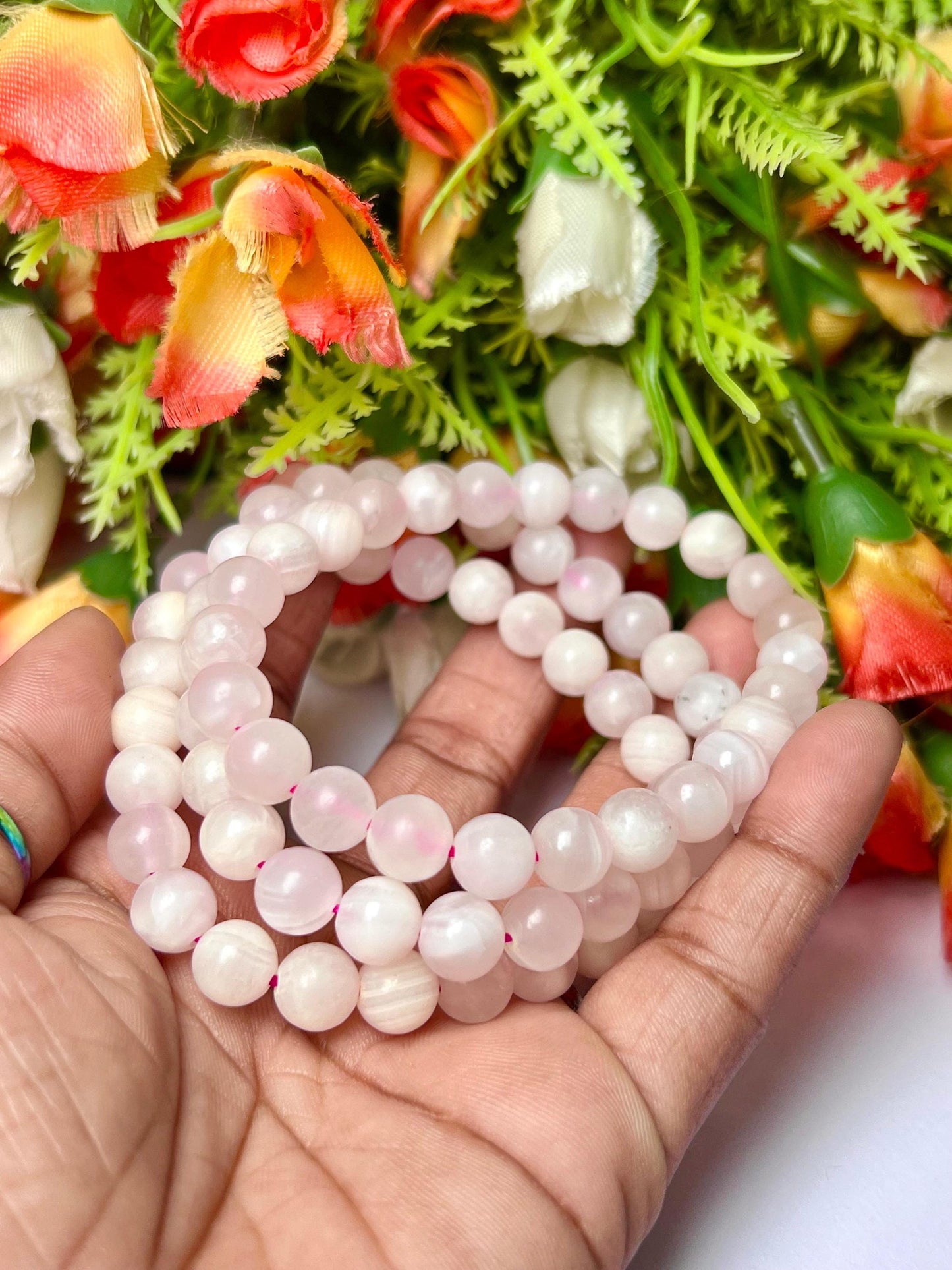 Pink Aragonite Stone Bracelet (U V Light) l Stretchable Bracelet l Unisex Bracelet l 8 MM Bracelet