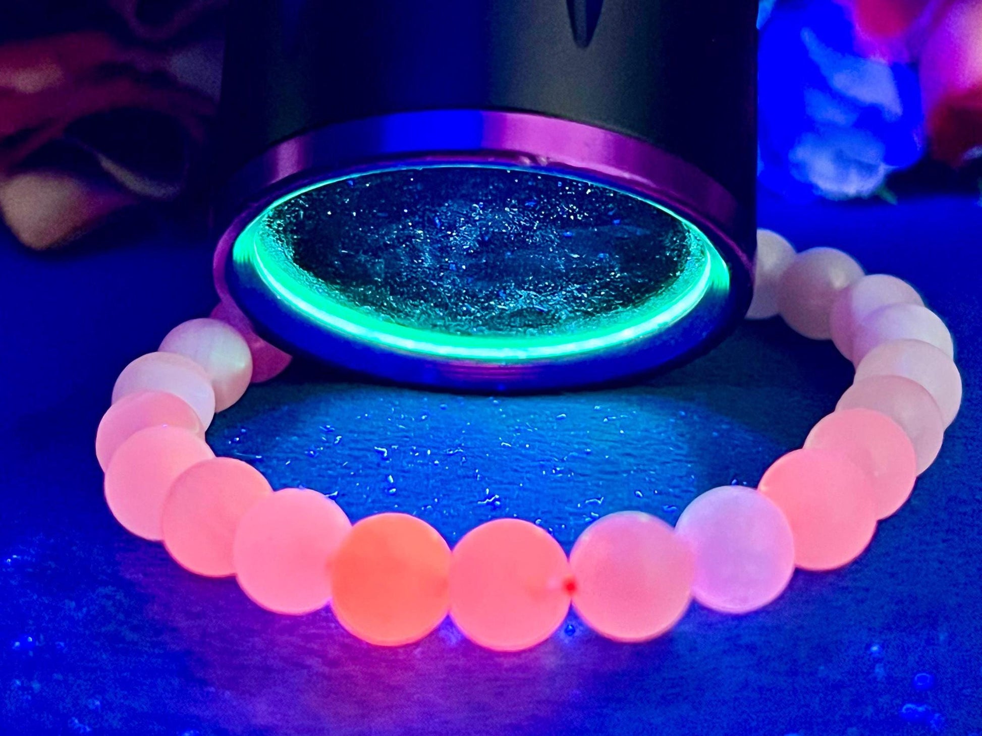 Pink Aragonite Stone Bracelet (U V Light) l Stretchable Bracelet l Unisex Bracelet l 8 MM Bracelet