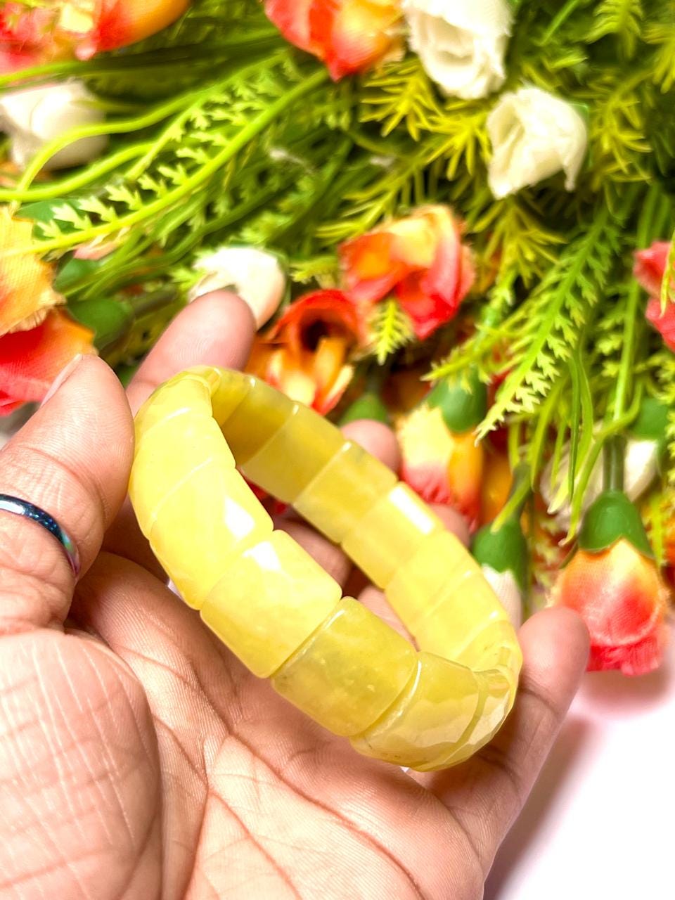 15 MM Yellow Lizardite Stone Bracelet l Stretchable Bracelet