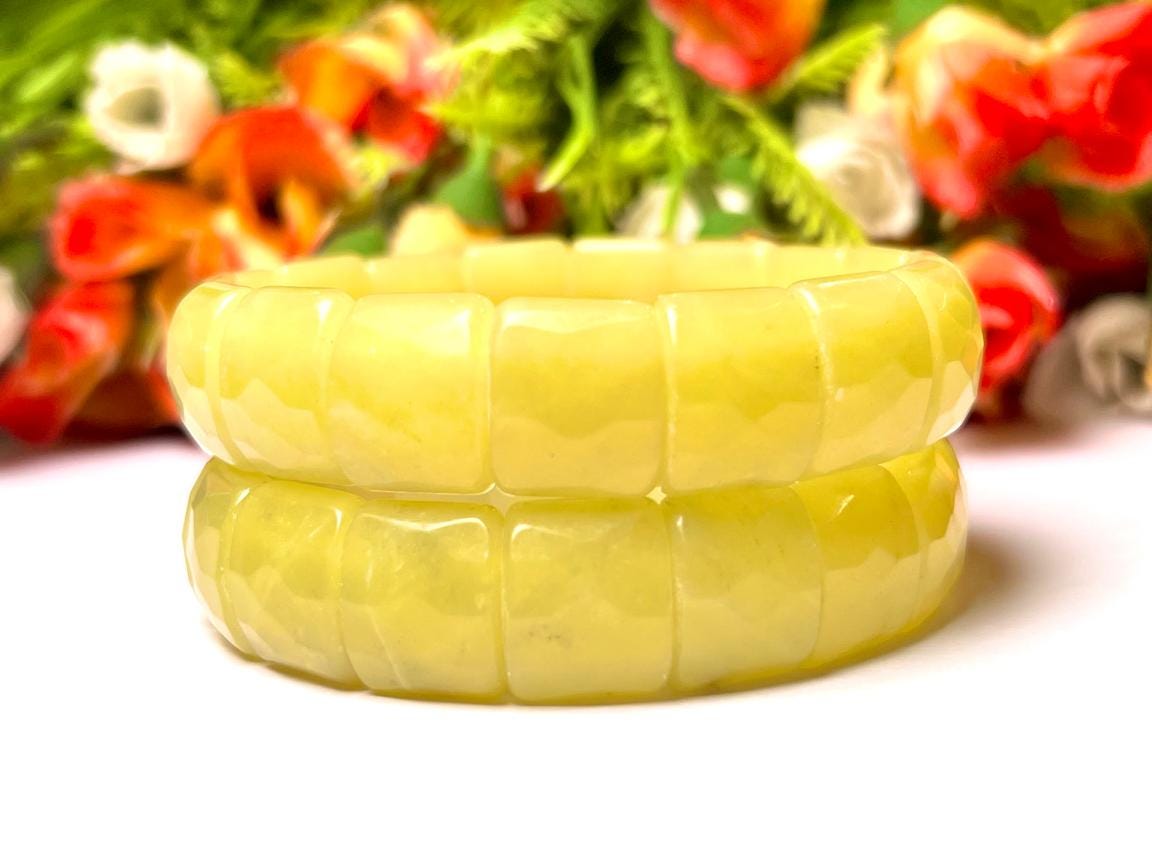 15 MM Yellow Lizardite Stone Bracelet l Stretchable Bracelet