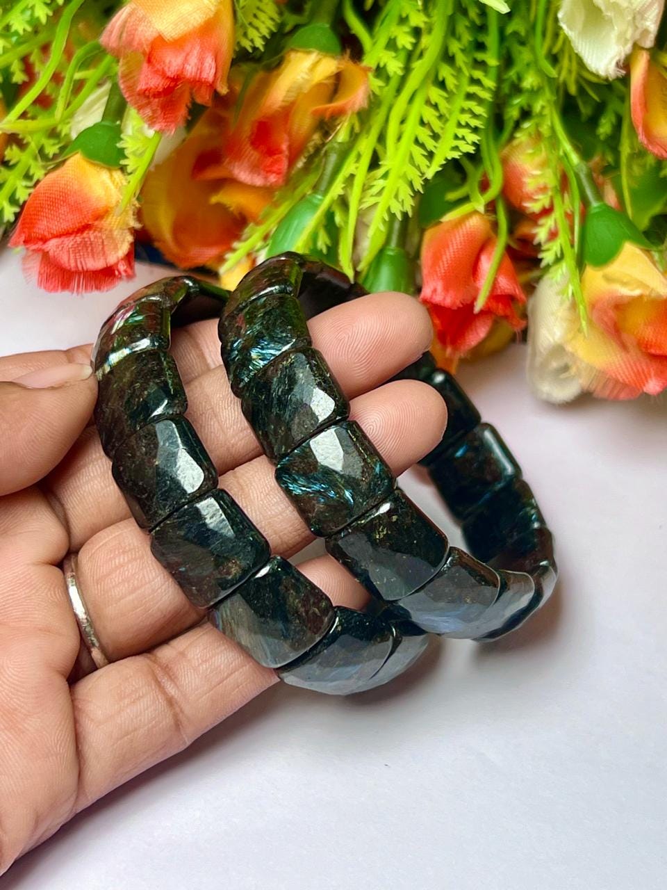 15 MM Greenland Nuummite Stone Bracelet l Stretchable Bracelet