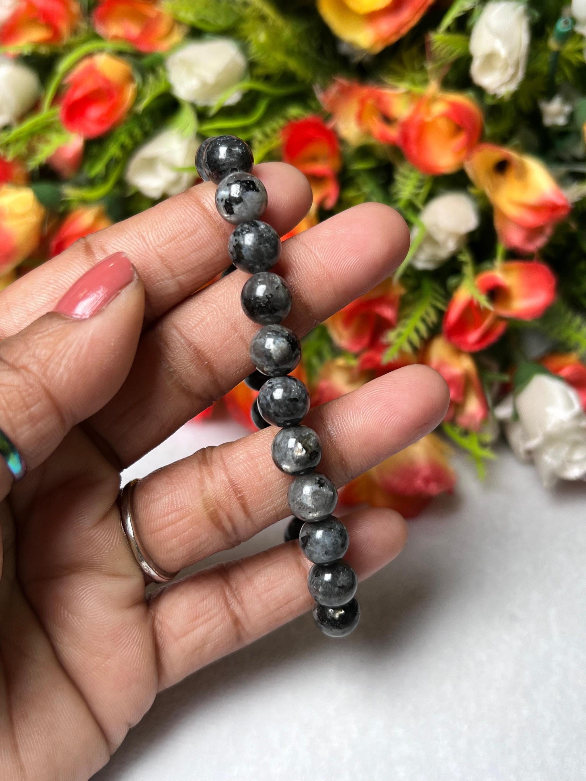 Larvikite Stone Norwegian Labradorite Bracelet l Stretchable Bracelet l Unisex Bracelet l 8 MM Bracelet