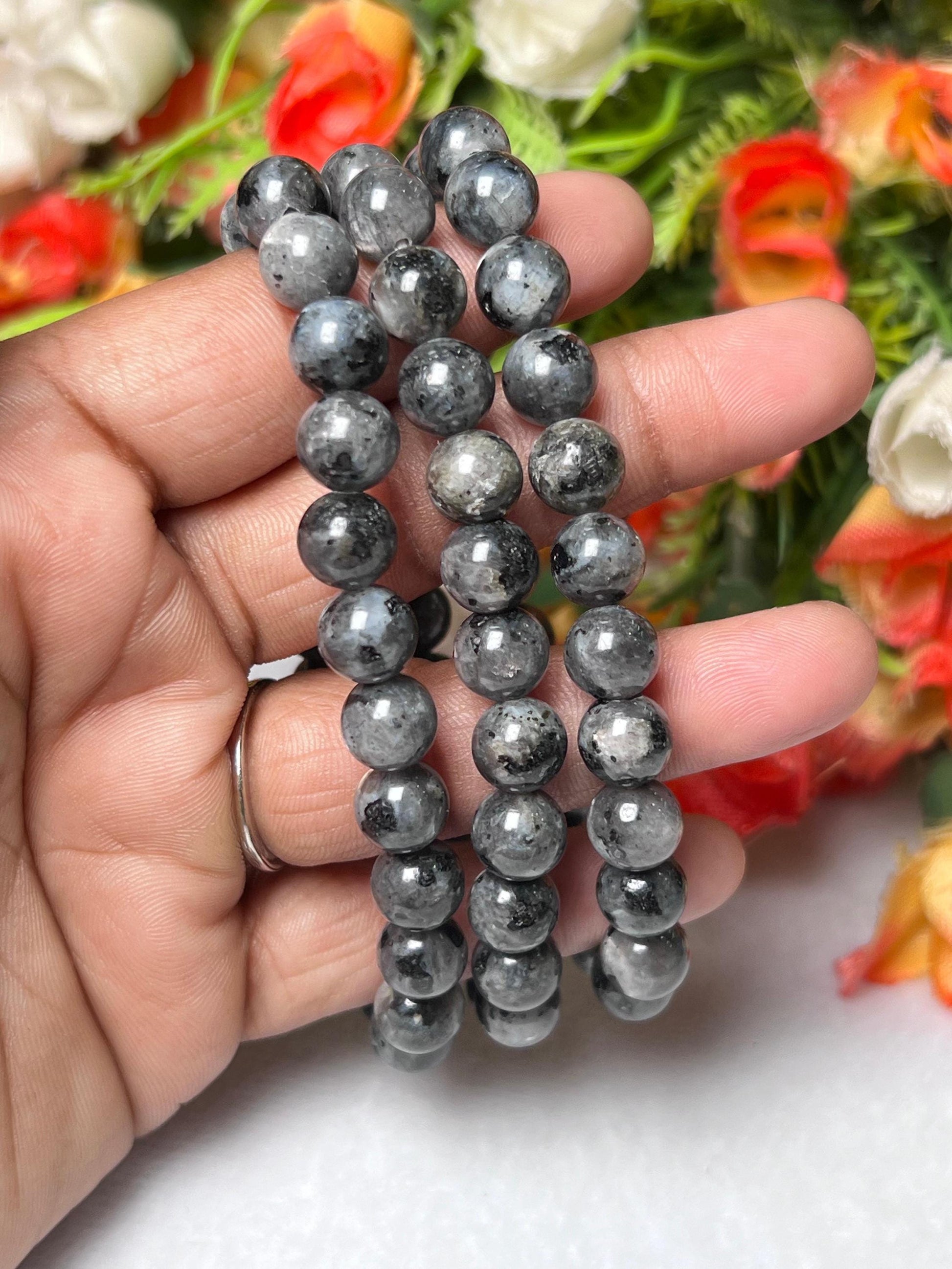 Larvikite Stone Norwegian Labradorite Bracelet l Stretchable Bracelet l Unisex Bracelet l 8 MM Bracelet