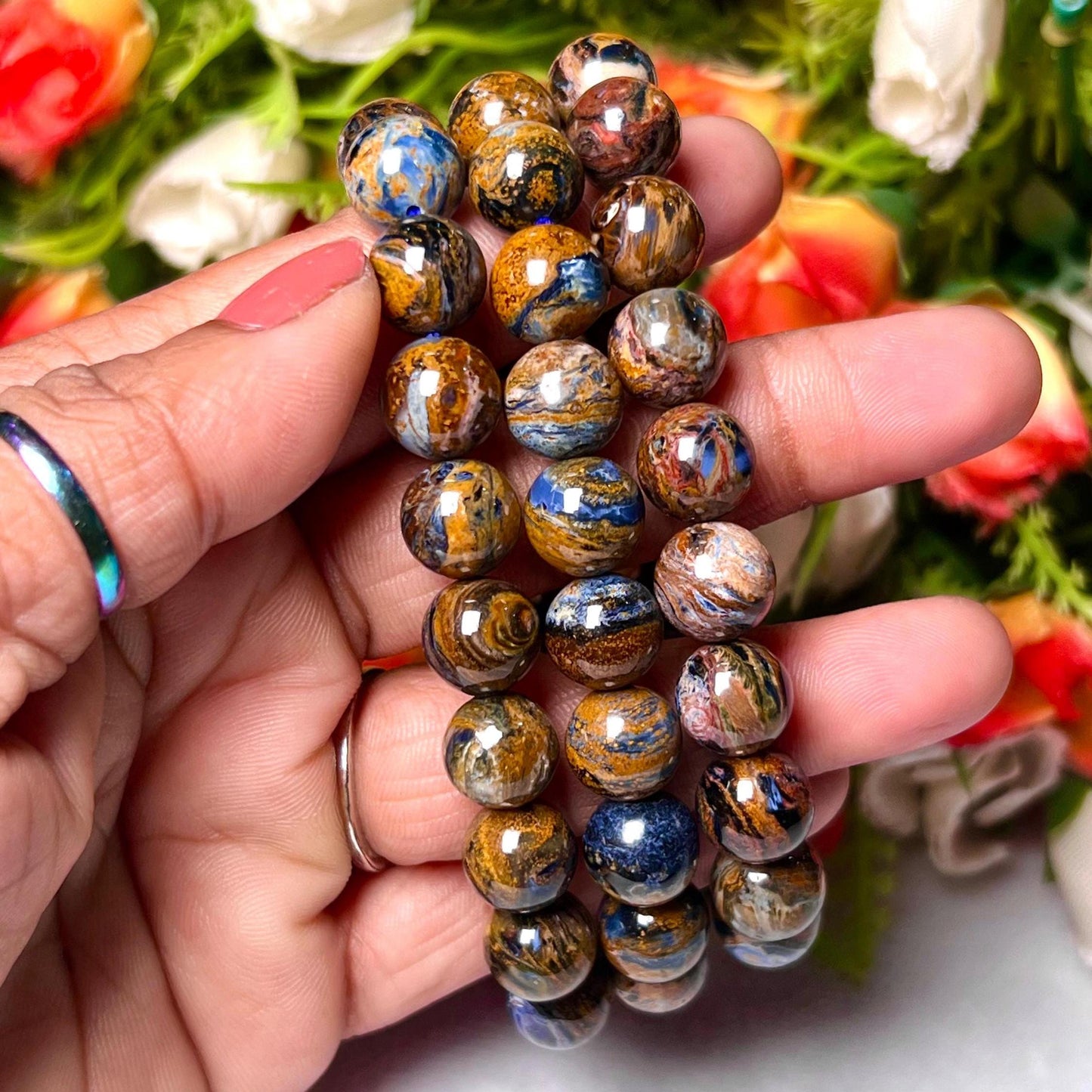 12 MM Blue Rainbow Pietersite Stone Bracelet l Stretchable Bracelet l Unisex Bracelet