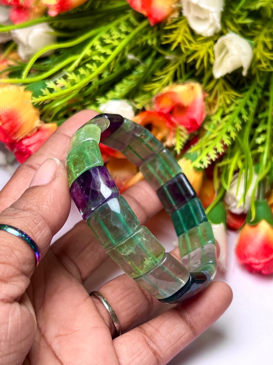 15 MM Multi Rainbow Fluorite Stone Bracelet l Stretchable Bracelet
