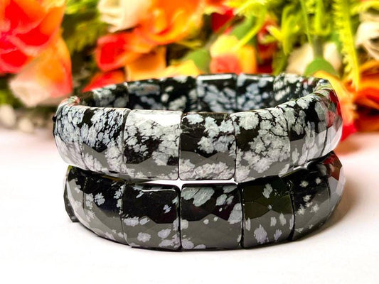 15 MM Snowflake Obsidian Stone Bracelet l Stretchable Bracelet