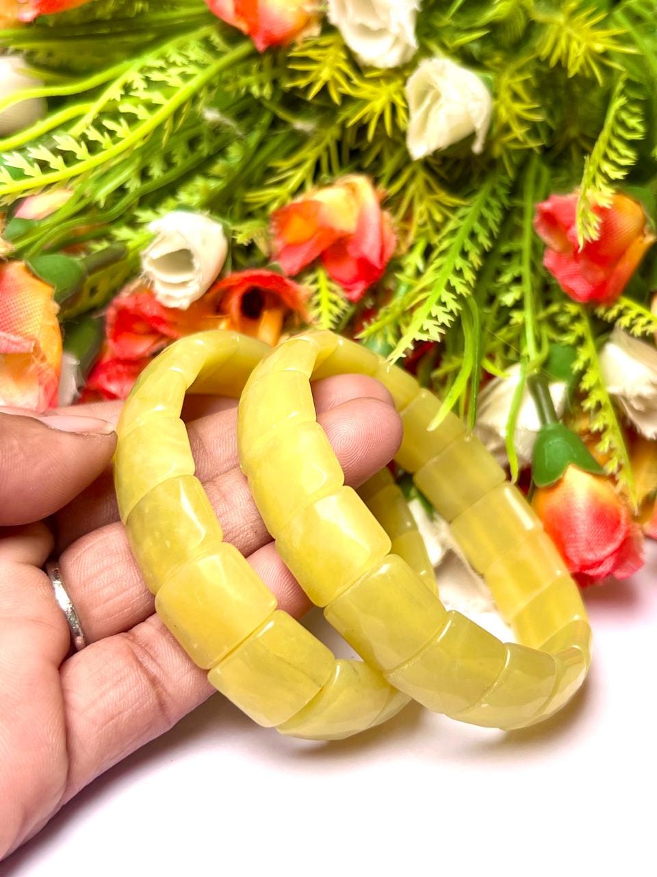 15 MM Yellow Lizardite Stone Bracelet l Stretchable Bracelet