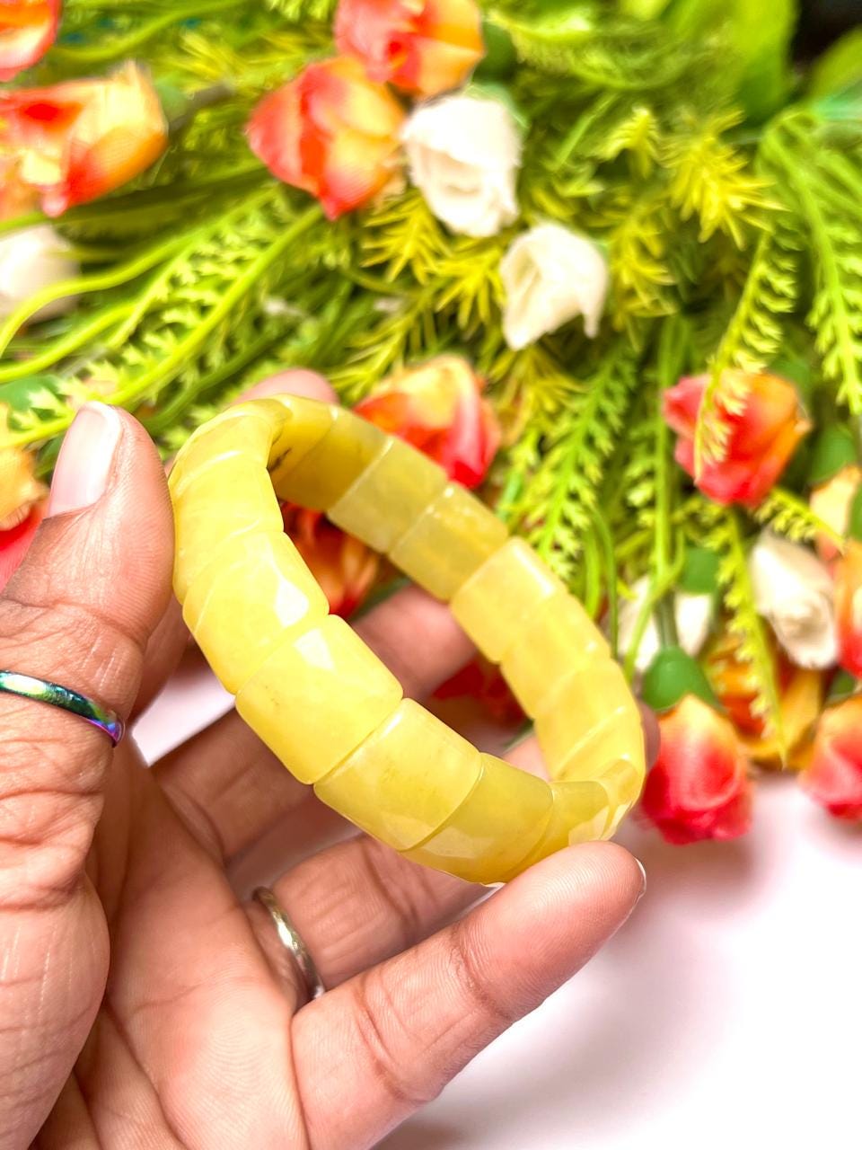 15 MM Yellow Lizardite Stone Bracelet l Stretchable Bracelet
