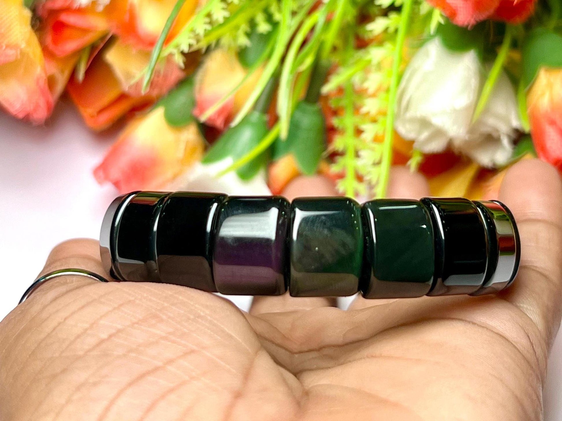 14 MM Rainbow Obsidian Stone Bracelet l Stretchable Bracelet