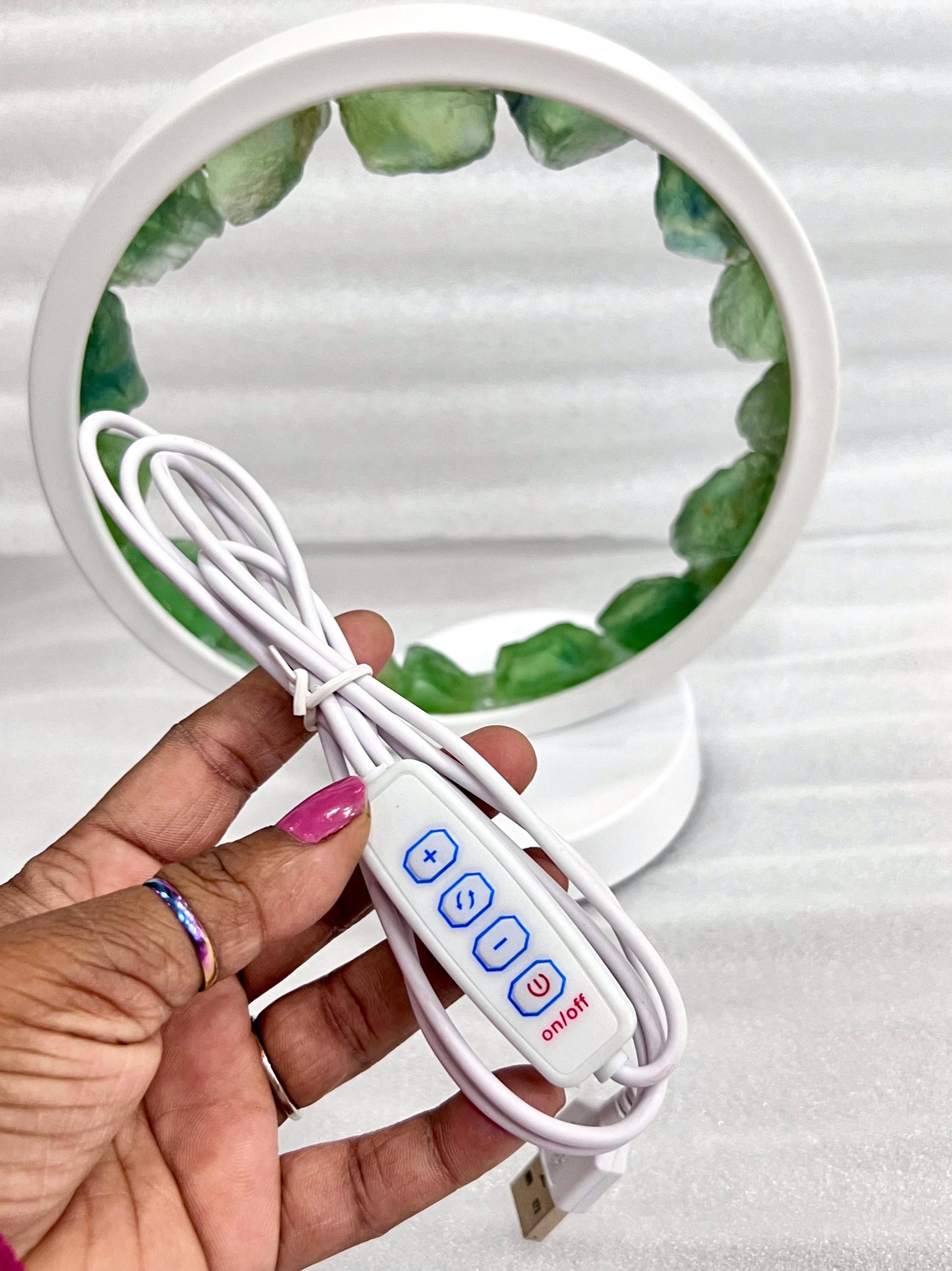 Green Fluorite Stone Crystal USB Night Light – Harmonizing Lamp for Focus, Ambiance, Meditation, Home & Office Décor, Housewarming Gift