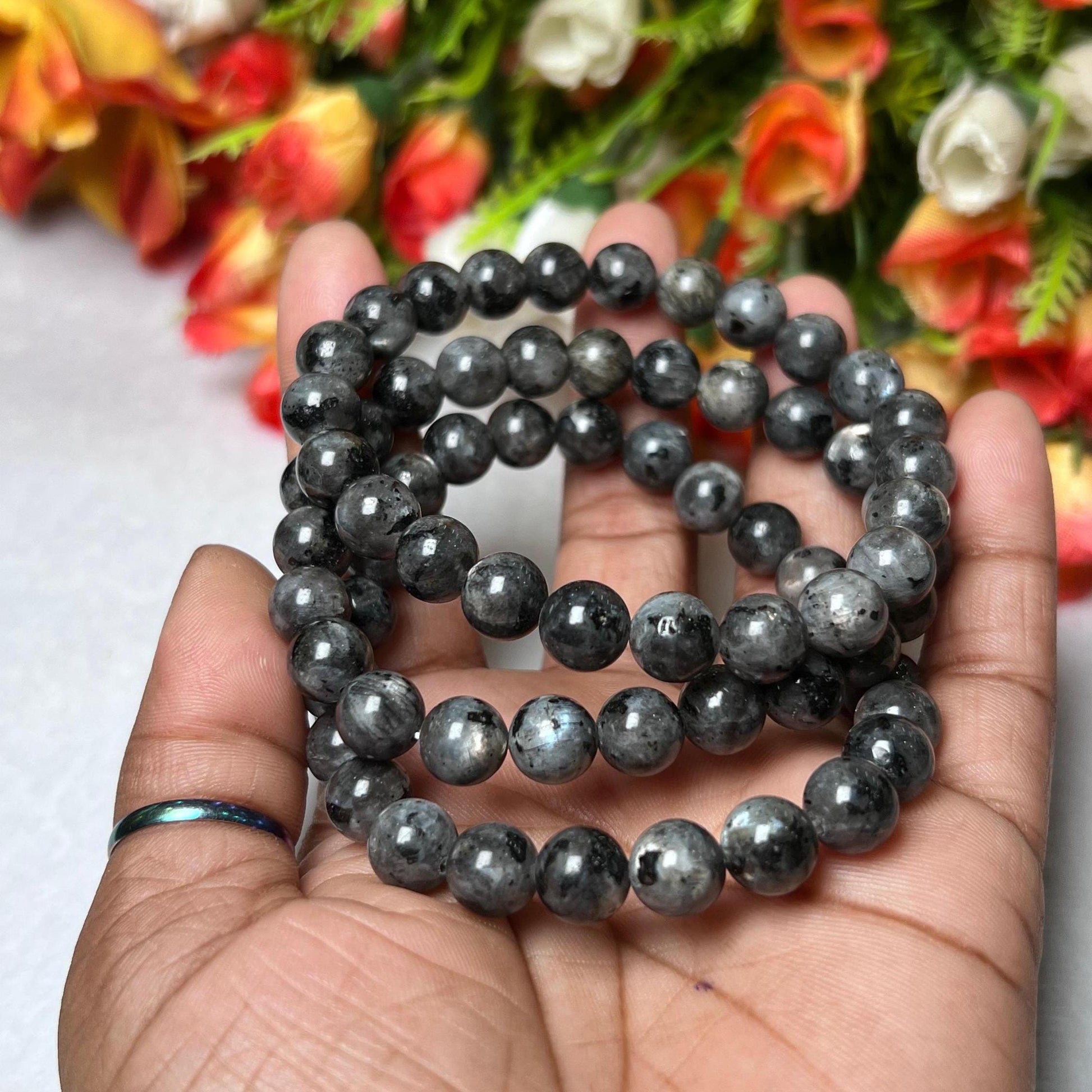 Larvikite Stone Norwegian Labradorite Bracelet l Stretchable Bracelet l Unisex Bracelet l 8 MM Bracelet