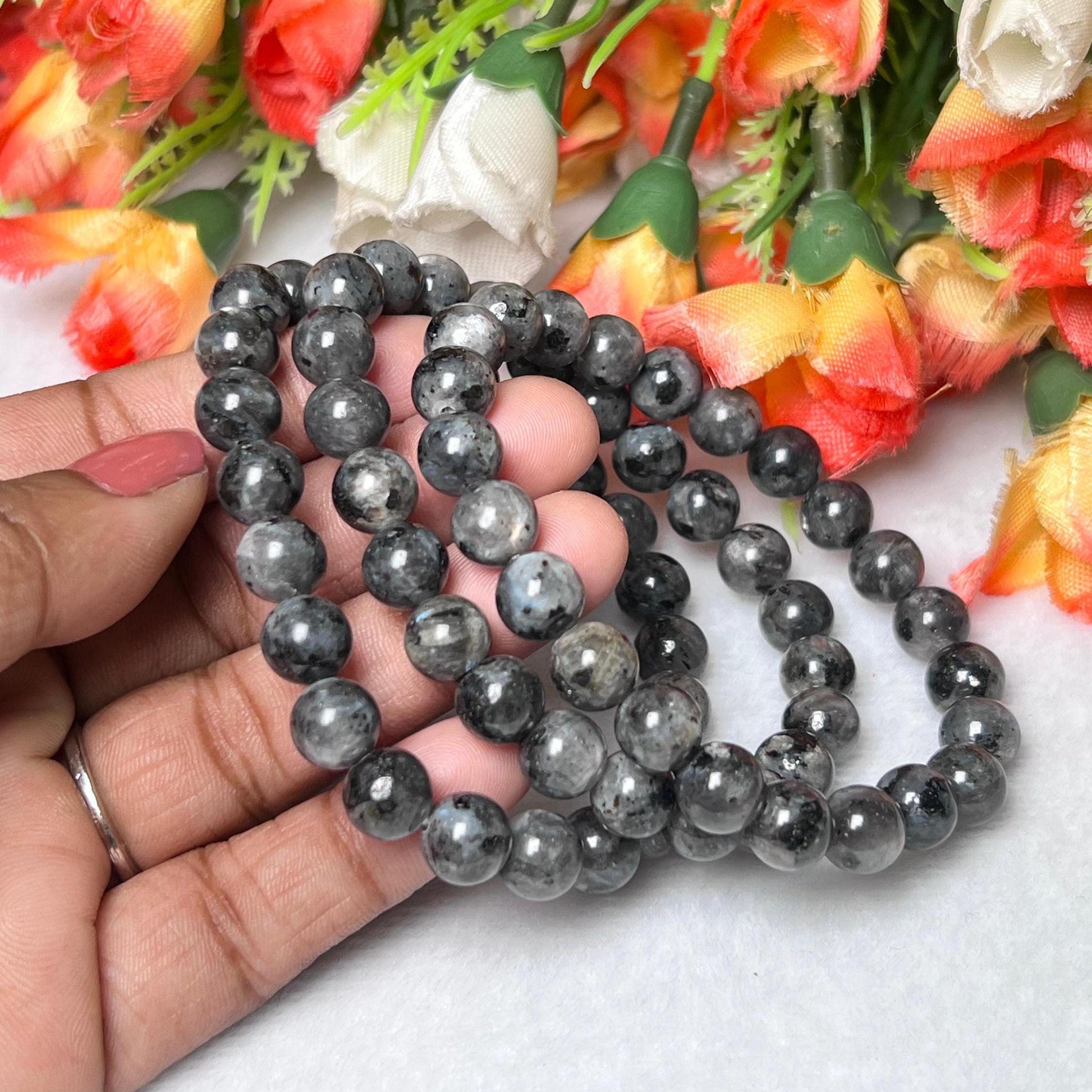 Larvikite Stone Norwegian Labradorite Bracelet l Stretchable Bracelet l Unisex Bracelet l 8 MM Bracelet