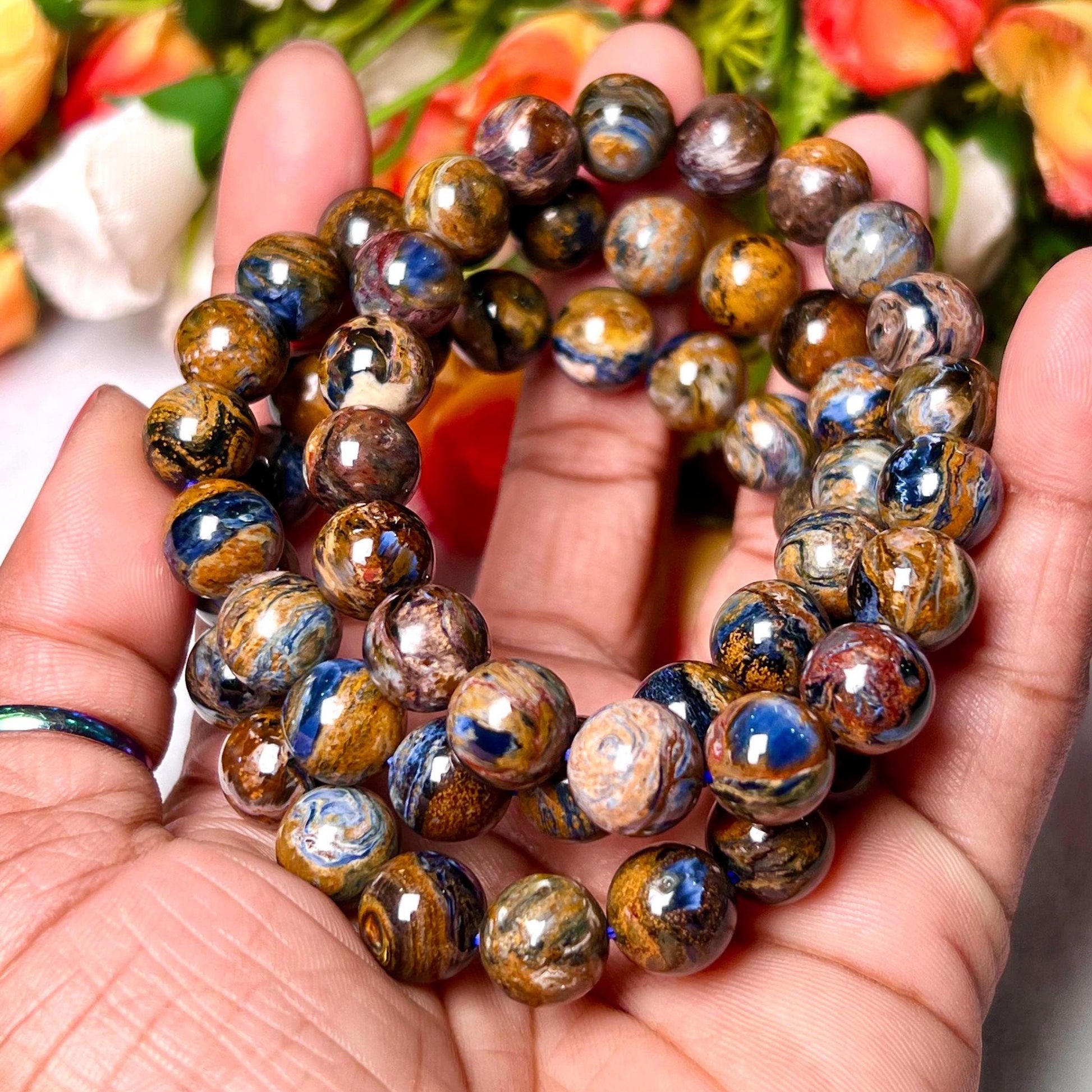 12 MM Blue Rainbow Pietersite Stone Bracelet l Stretchable Bracelet l Unisex Bracelet