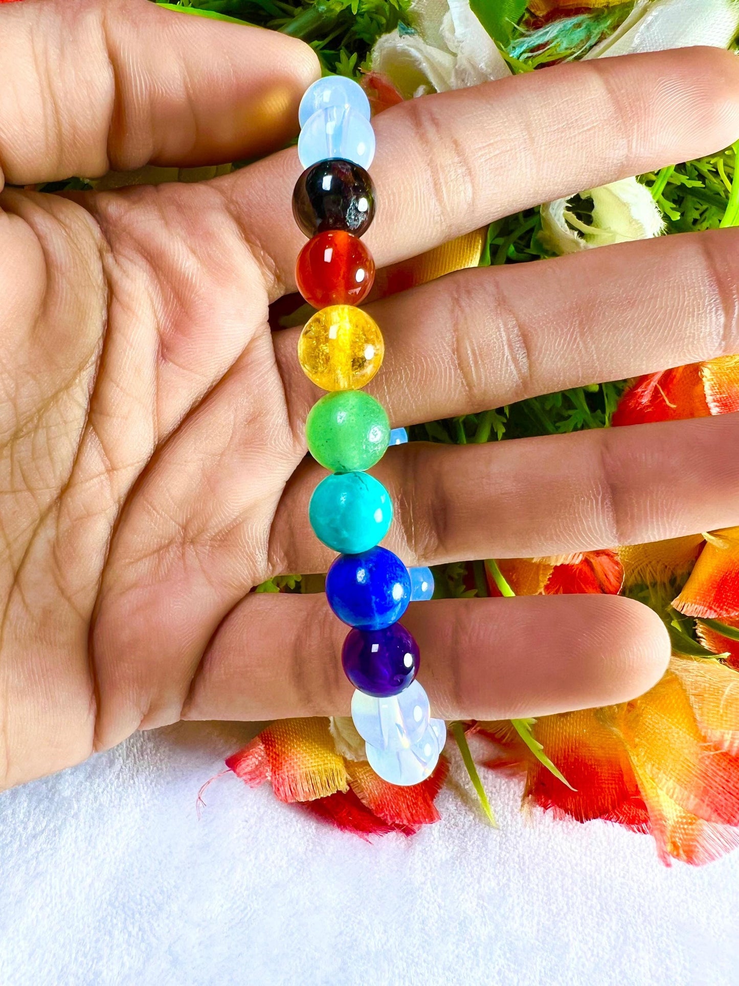 7 Chakra With Opalite Stone Bracelet l Stretchable Bracelet l Unisex Bracelet l 8 MM Bracelet