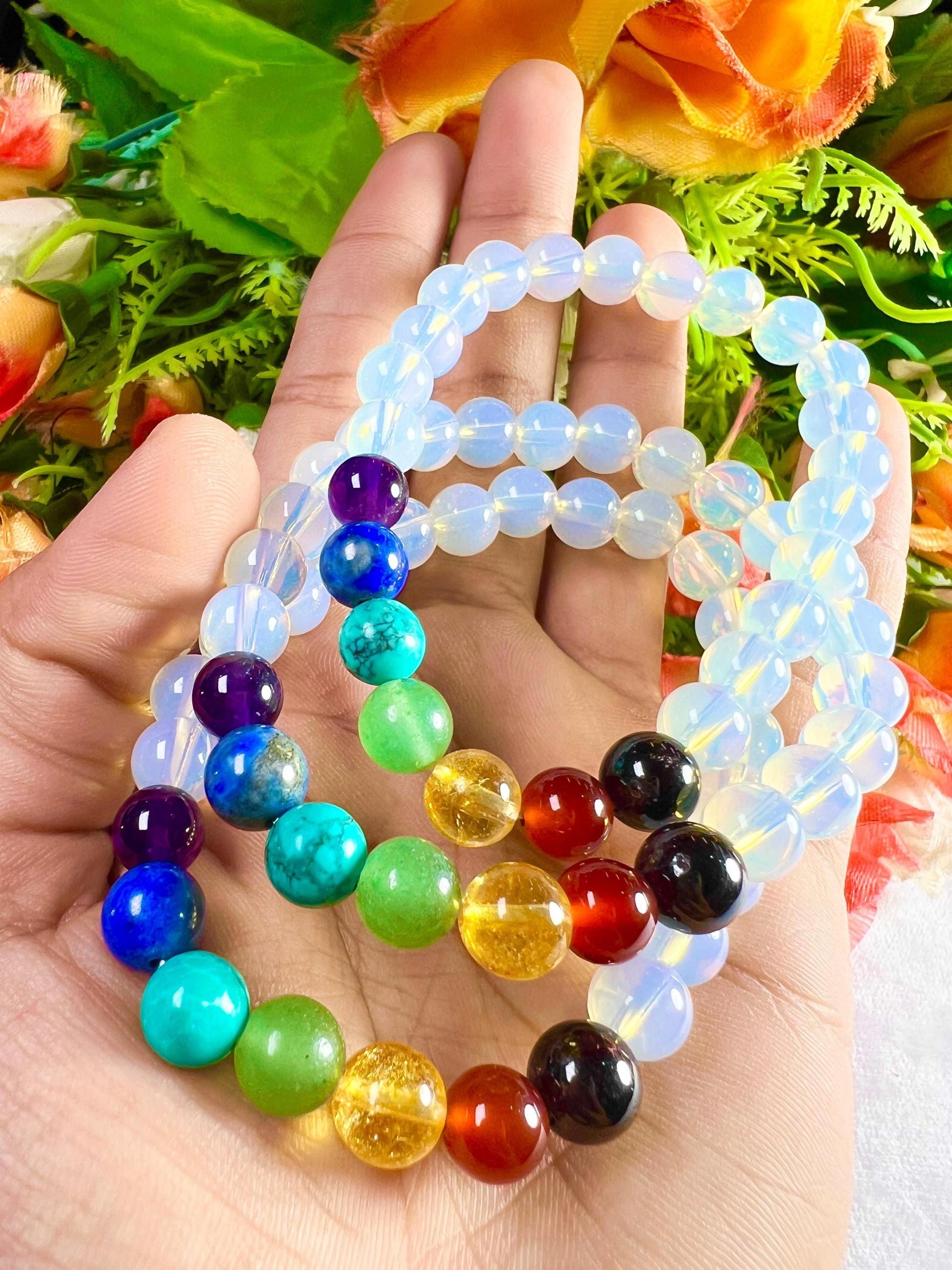 7 Chakra With Opalite Stone Bracelet l Stretchable Bracelet l Unisex Bracelet l 8 MM Bracelet