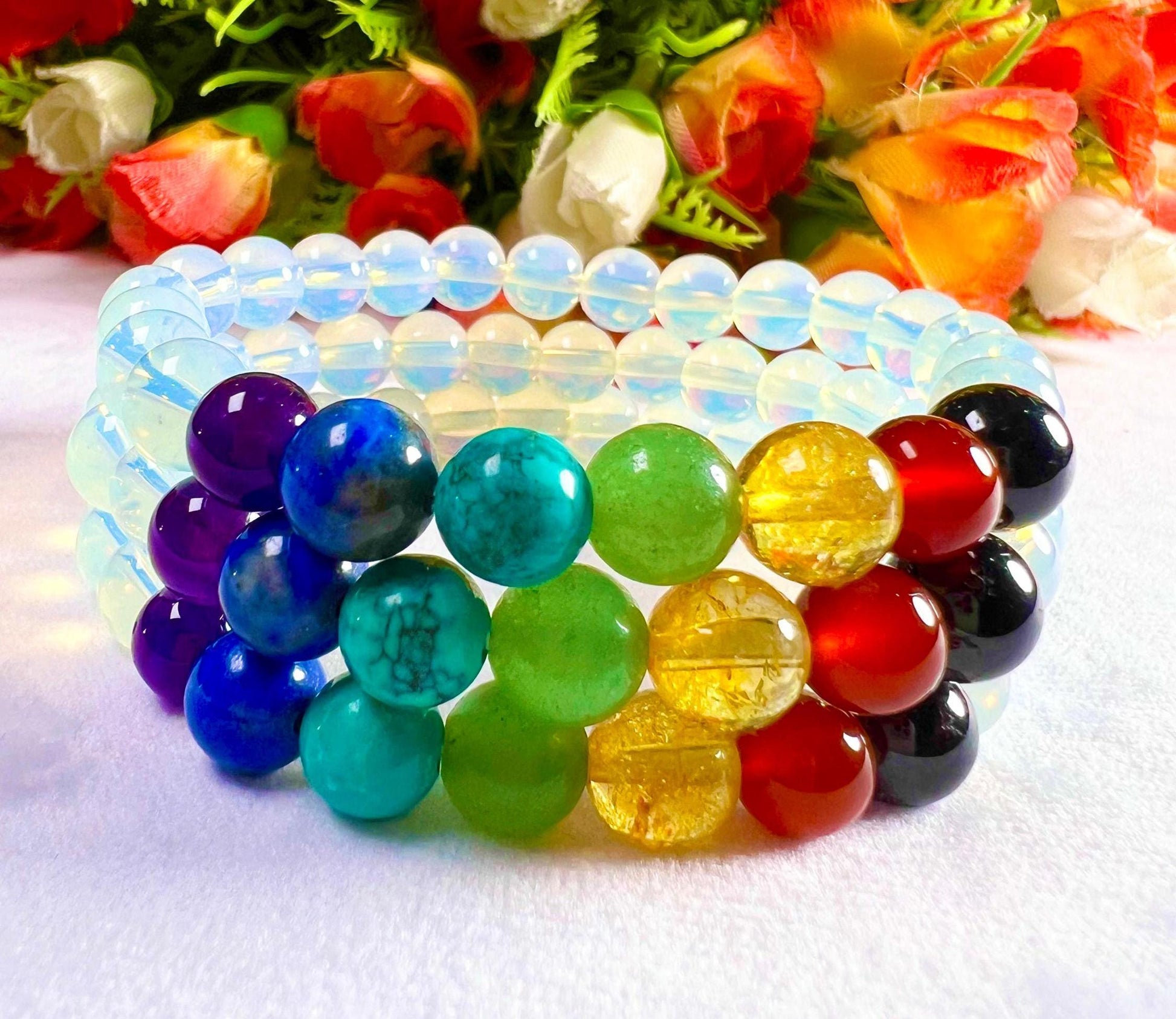 7 Chakra With Opalite Stone Bracelet l Stretchable Bracelet l Unisex Bracelet l 8 MM Bracelet