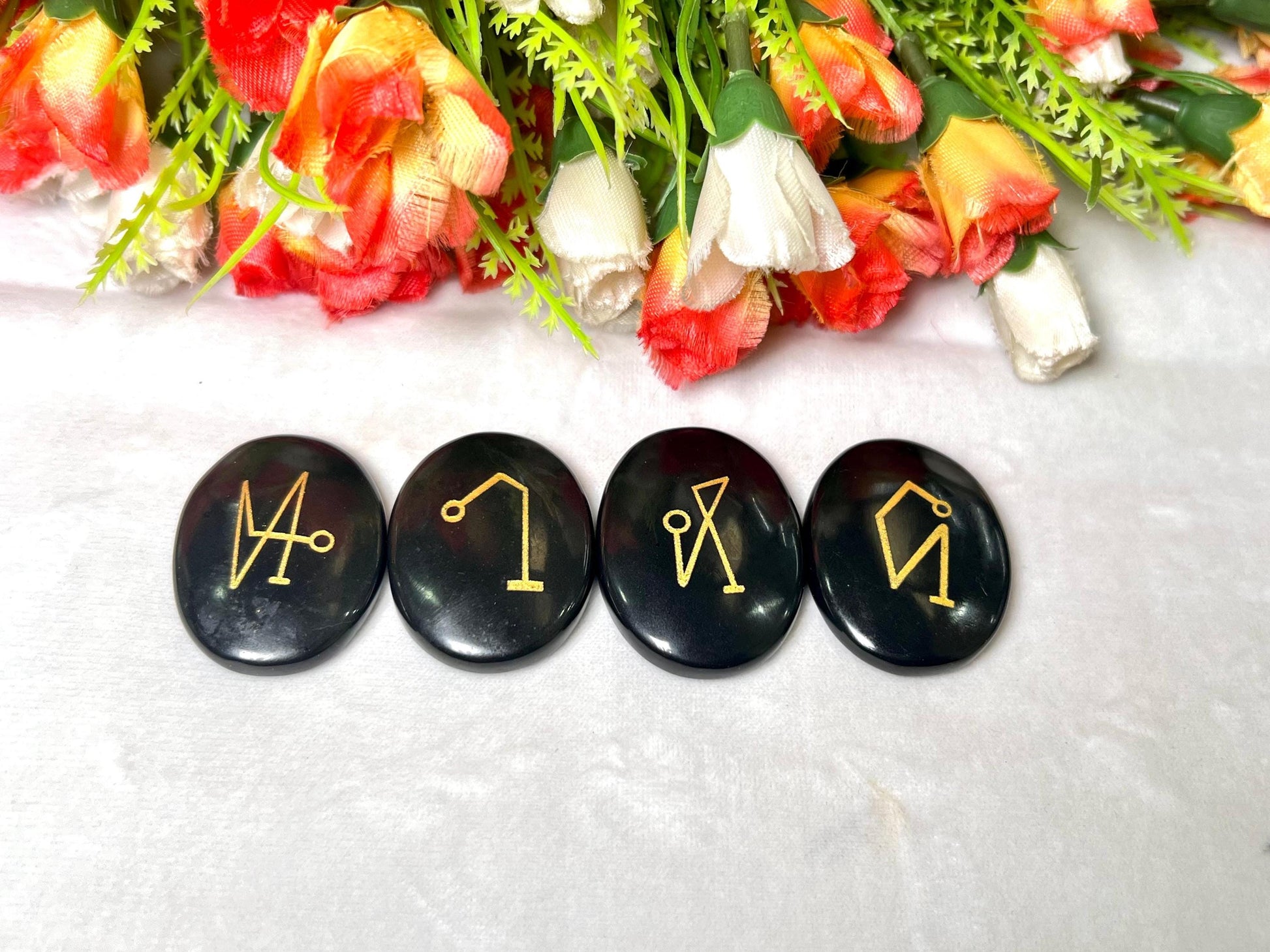 Black Obsidian Stone Archangel Stones Set Uriel, Michael, Raphael, Gabriel Orthodox Christian Church Four Archangels Symbol Set