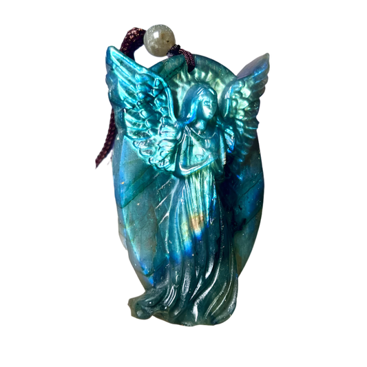 Labradorite Stone Angel Pendant – 2.1" Guardian Angel Necklace for Protection & Inner Light