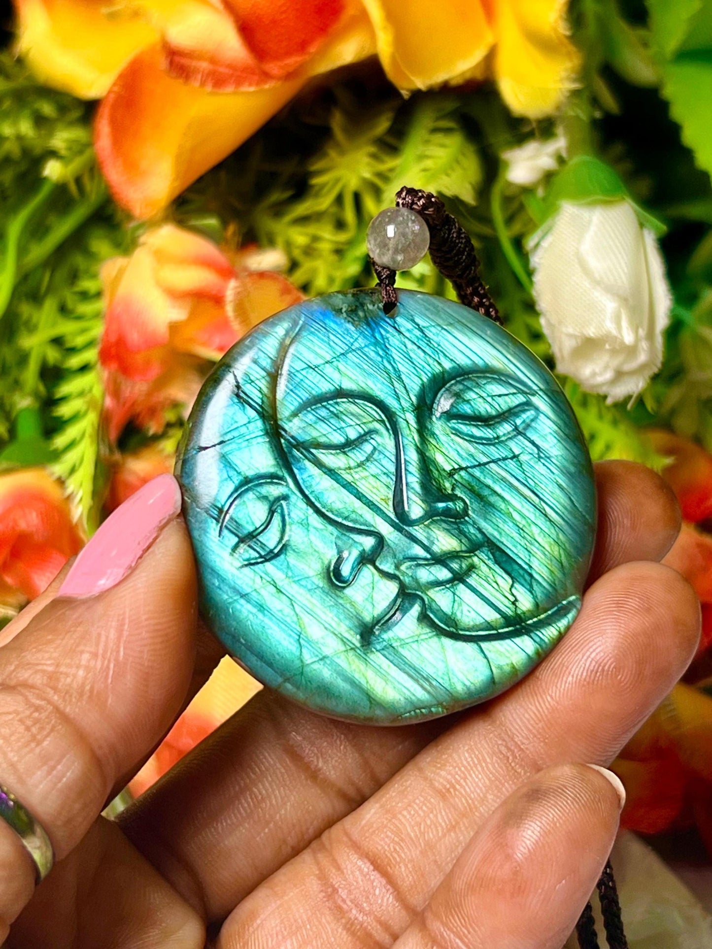 2" Labradorite Stone Sun and Moon Face Carving Pendant Necklace – Mystical Glow for Balance & Protection