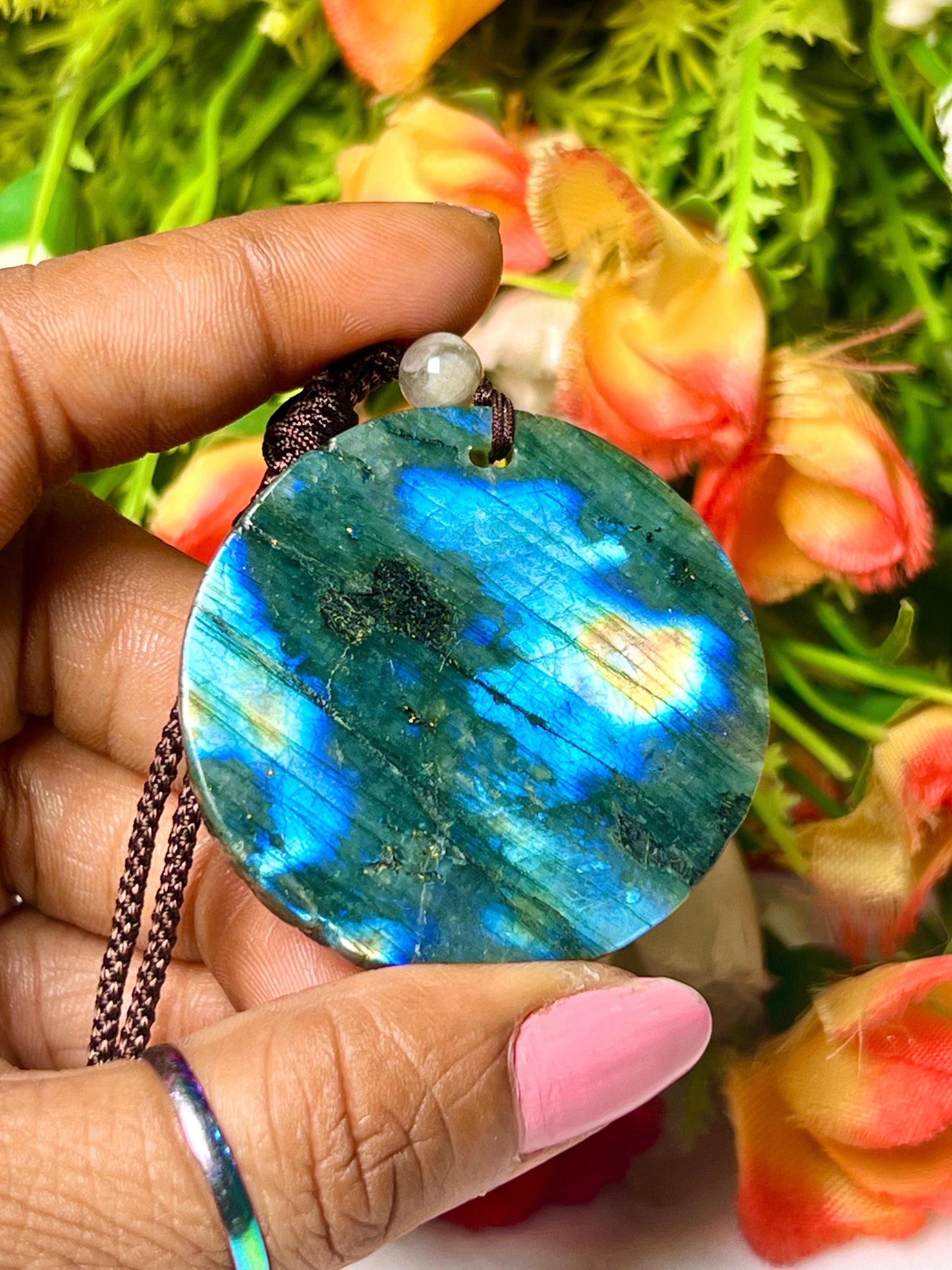 2" Labradorite Stone Sun and Moon Face Carving Pendant Necklace – Mystical Glow for Balance & Protection