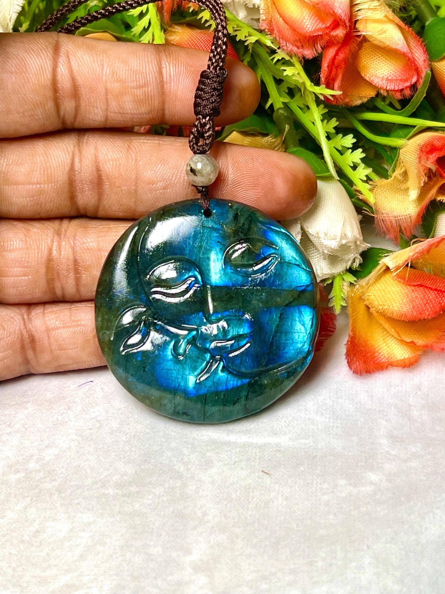 2" Labradorite Stone Sun and Moon Face Carving Pendant Necklace – Mystical Glow for Balance & Protection
