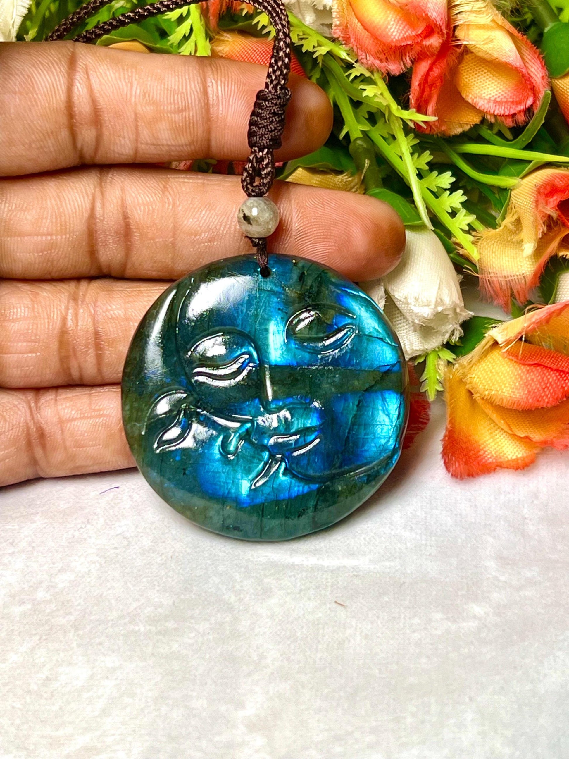 2" Labradorite Stone Sun and Moon Face Carving Pendant Necklace – Mystical Glow for Balance & Protection