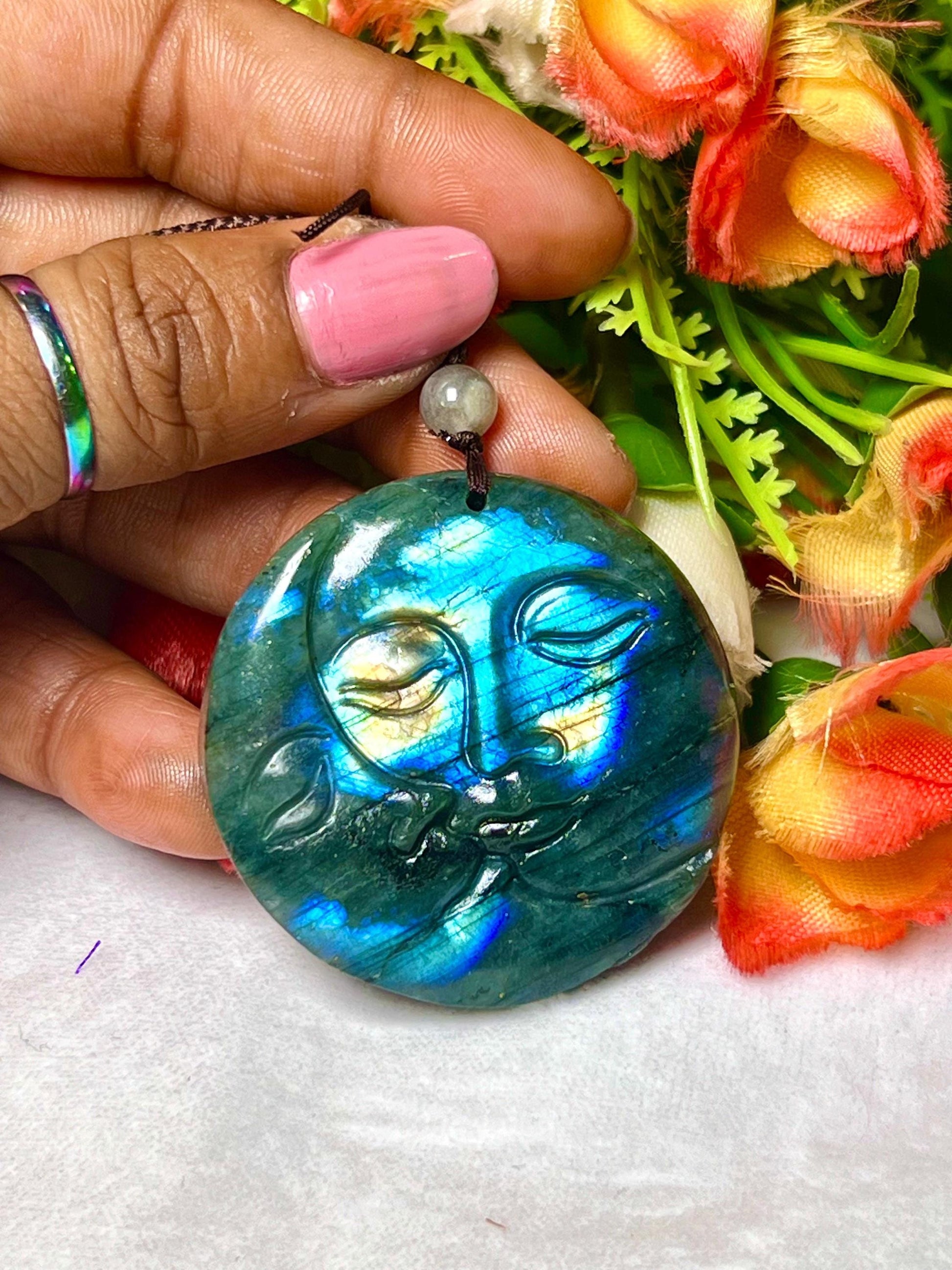2" Labradorite Stone Sun and Moon Face Carving Pendant Necklace – Mystical Glow for Balance & Protection
