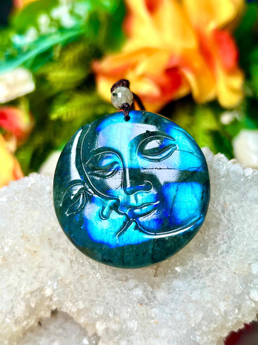 2" Labradorite Stone Sun and Moon Face Carving Pendant Necklace – Mystical Glow for Balance & Protection