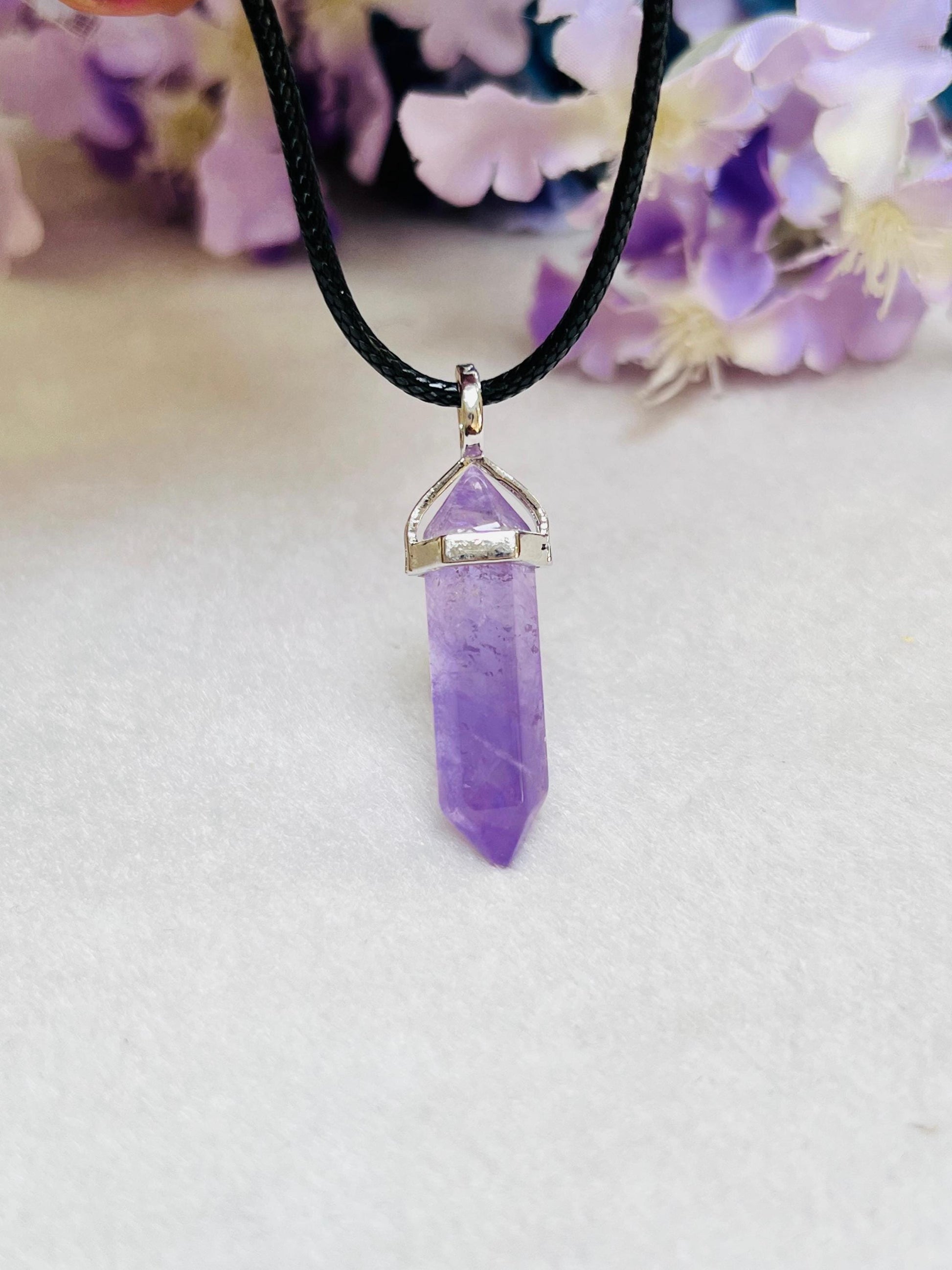 Vera Cruz Amethyst Stone Double Point Pencil Pendant with Black Cord