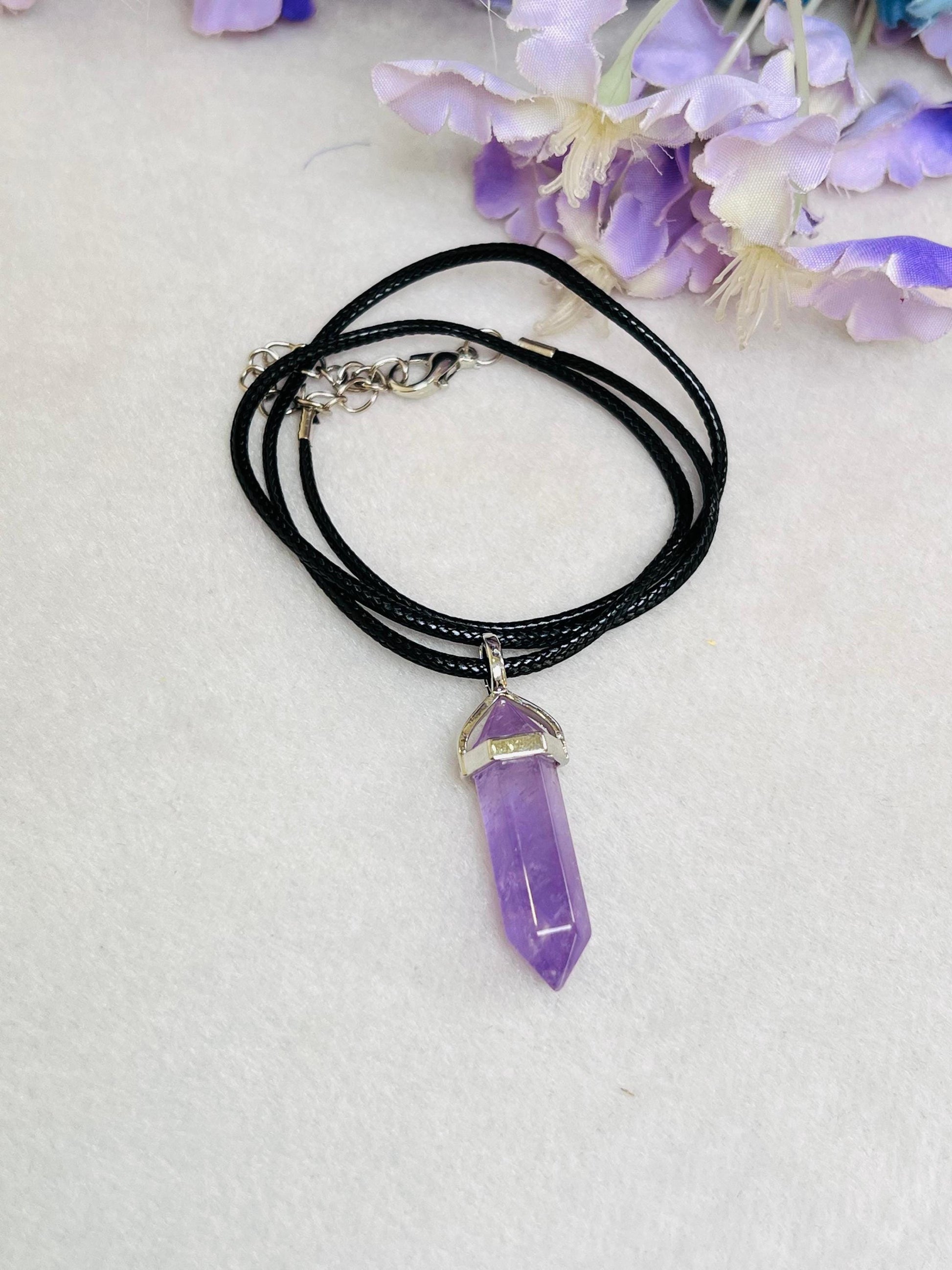 Vera Cruz Amethyst Stone Double Point Pencil Pendant with Black Cord