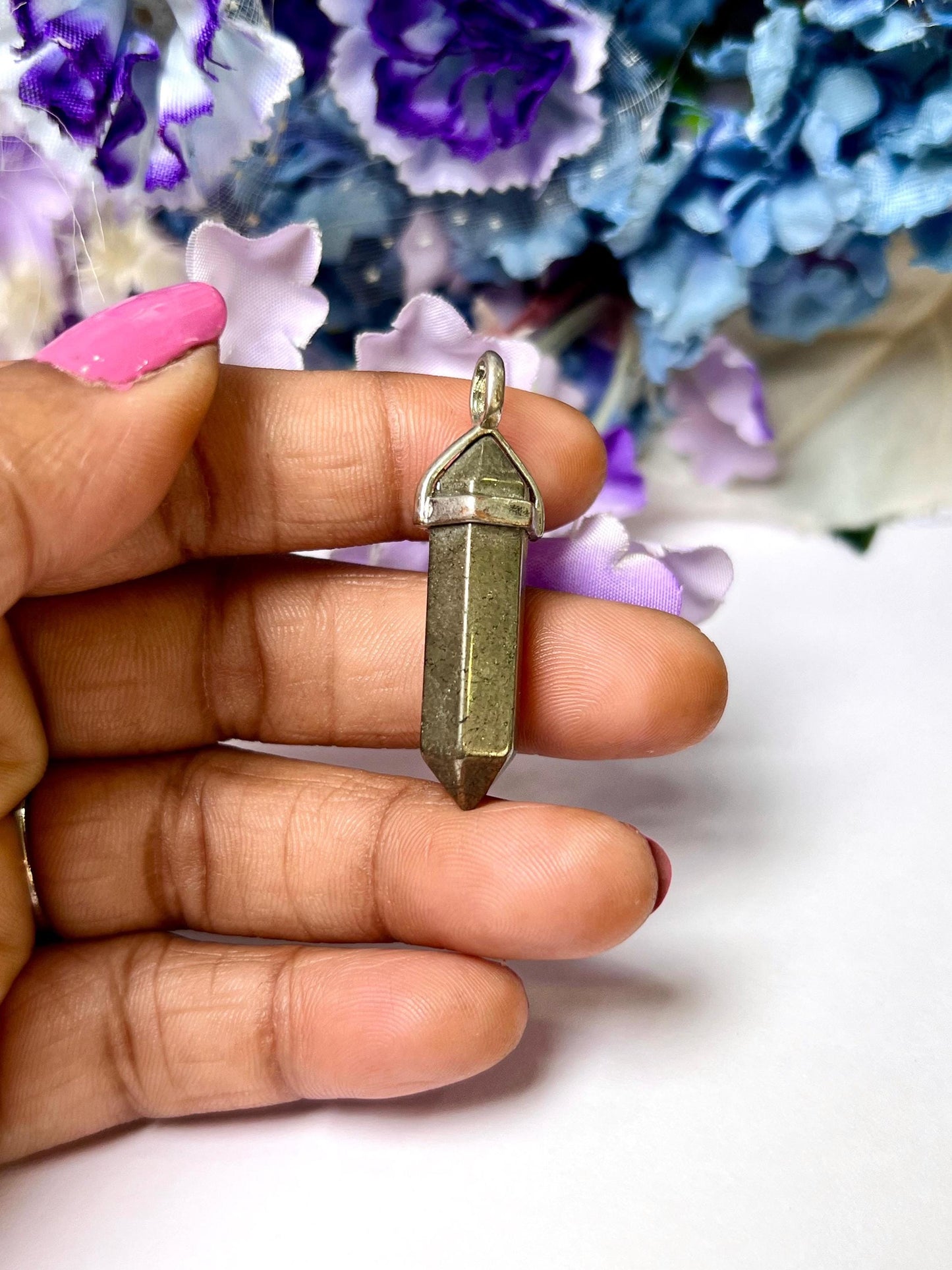 Pyrite Stone Double Point Pencil Pendant with Black Cord