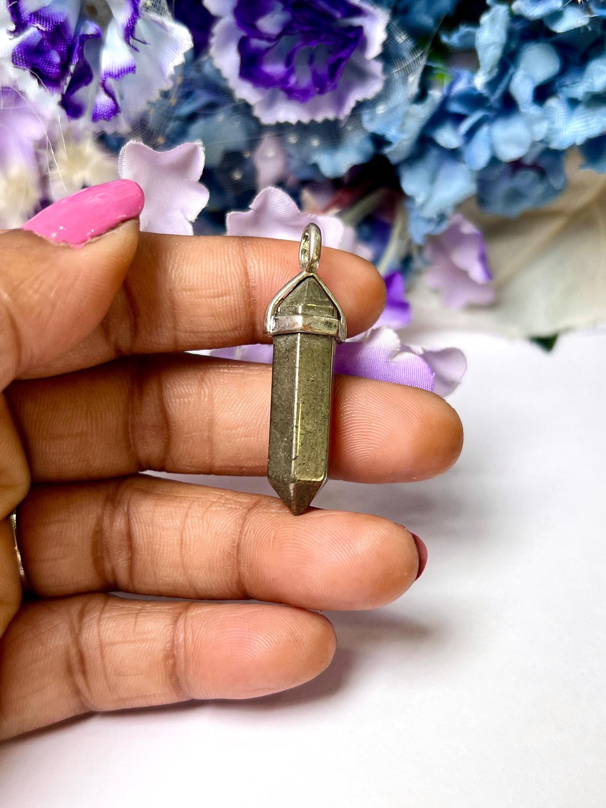 Pyrite Stone Double Point Pencil Pendant with Black Cord