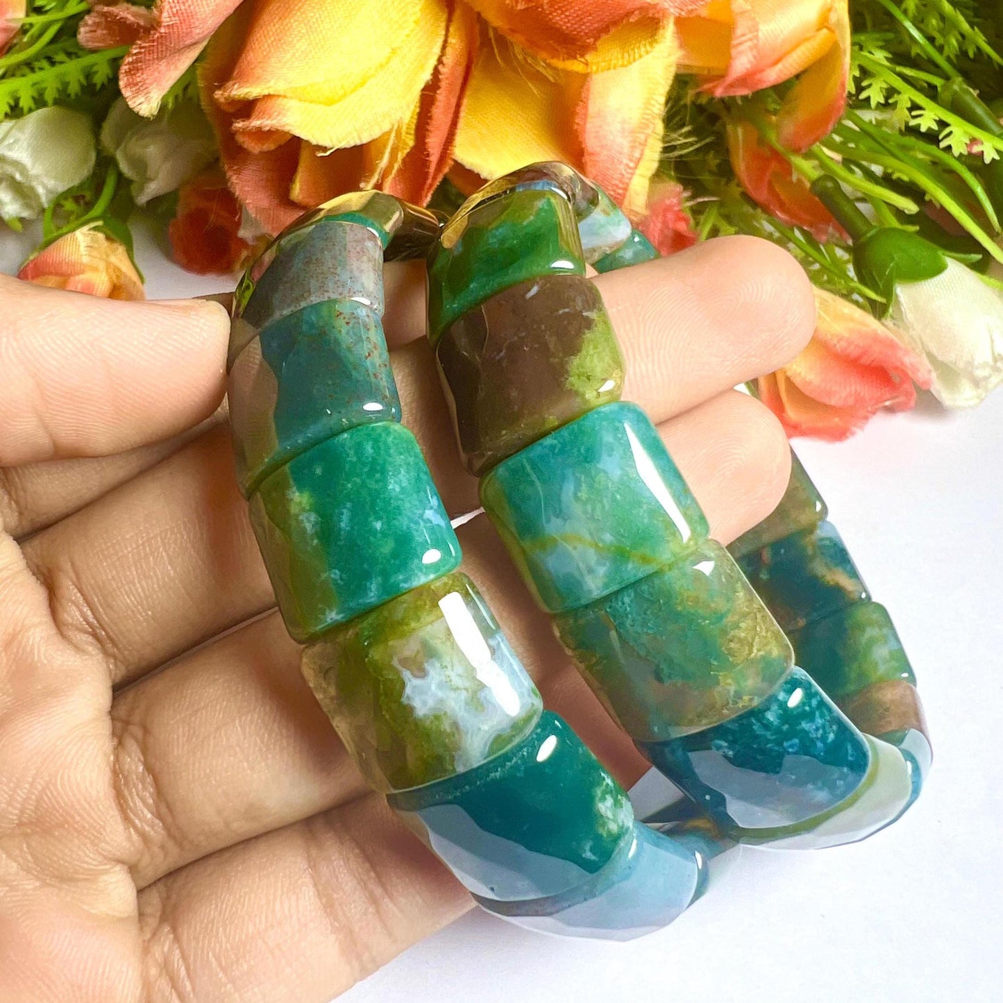 15 MM Blood Fancy Agate Stone Bracelet l Stretchable Bracelet