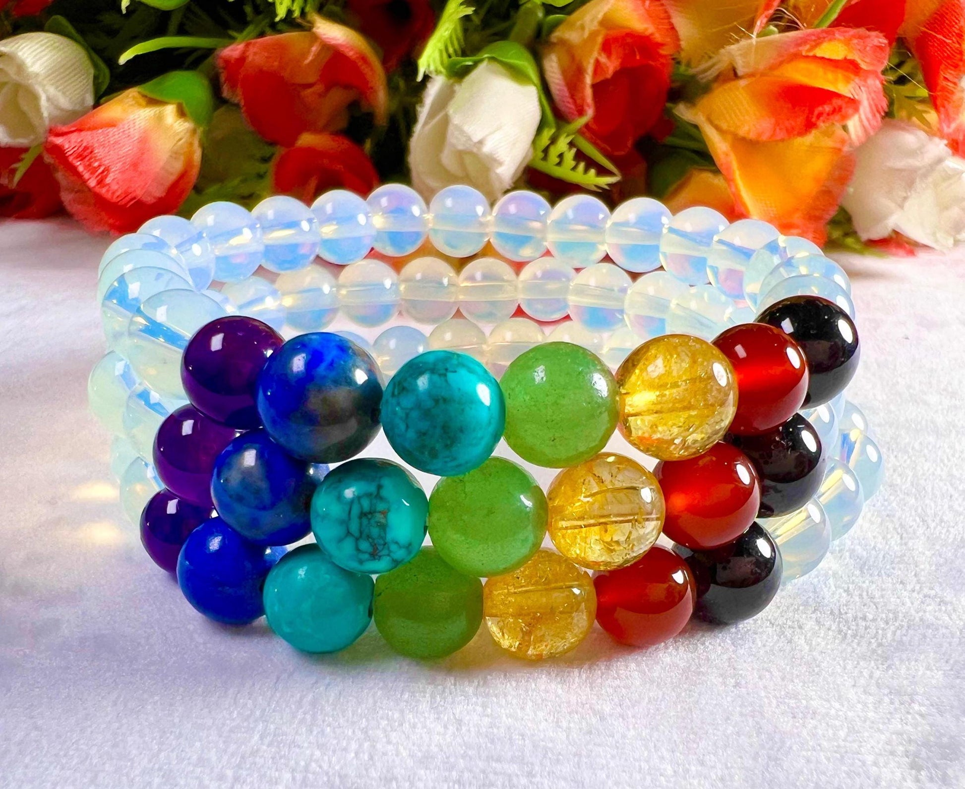 7 Chakra With Opalite Stone Bracelet l Stretchable Bracelet l Unisex Bracelet l 8 MM Bracelet