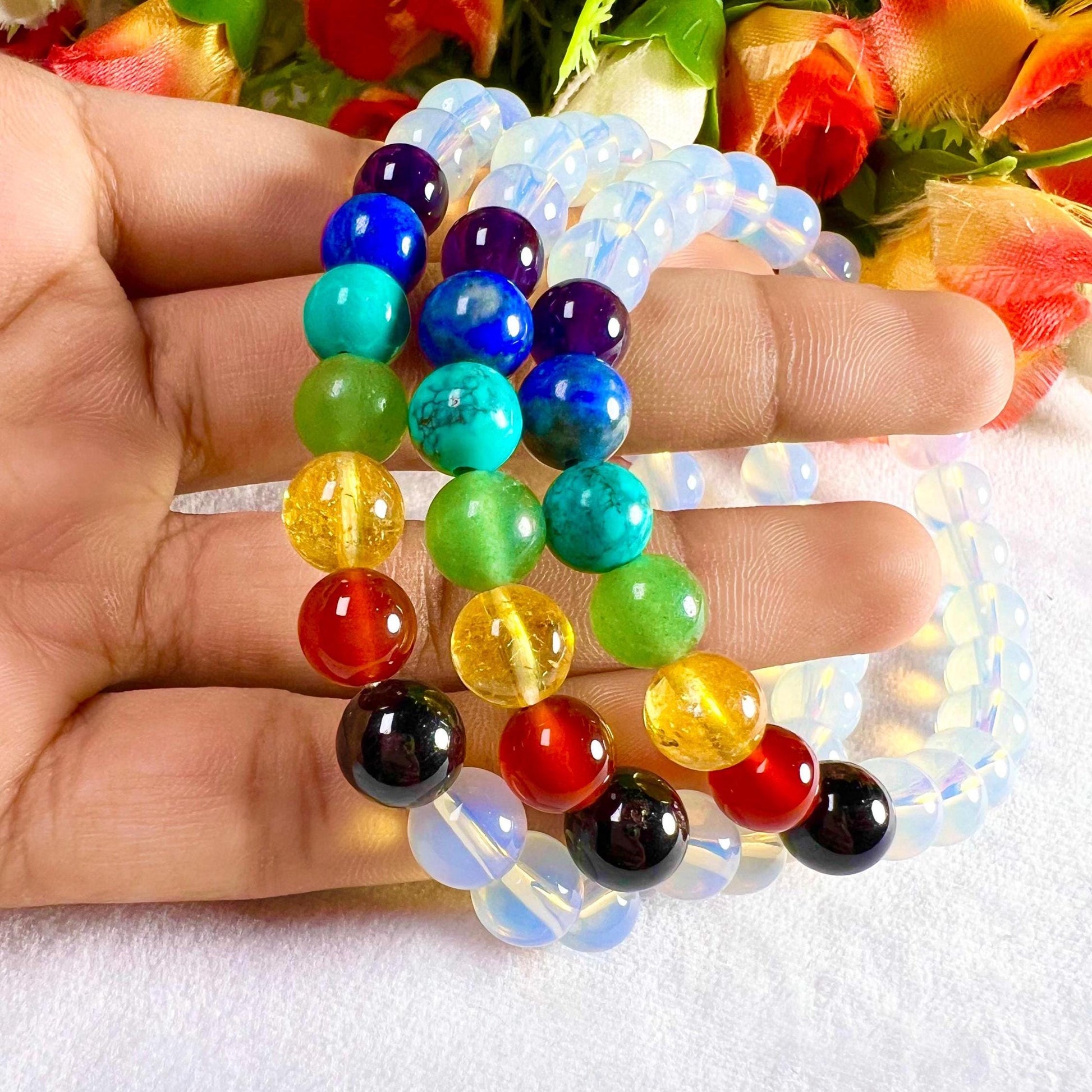7 Chakra With Opalite Stone Bracelet l Stretchable Bracelet l Unisex Bracelet l 8 MM Bracelet