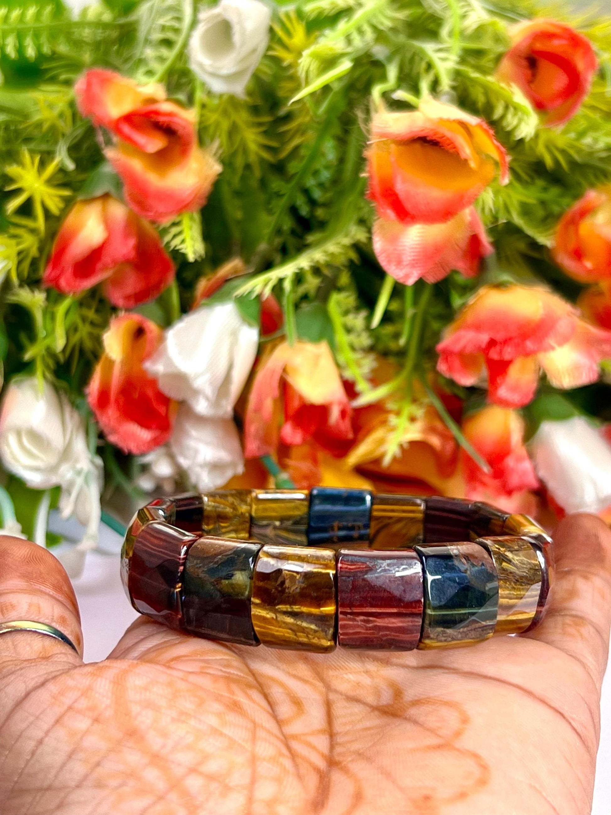 15 MM 3 Color Tiger Eye Stone Bracelet l Blue Tiger Eye ,Red Tiger Eye and Yellow Tiger Eye l Stretchable Bracelet High Grade