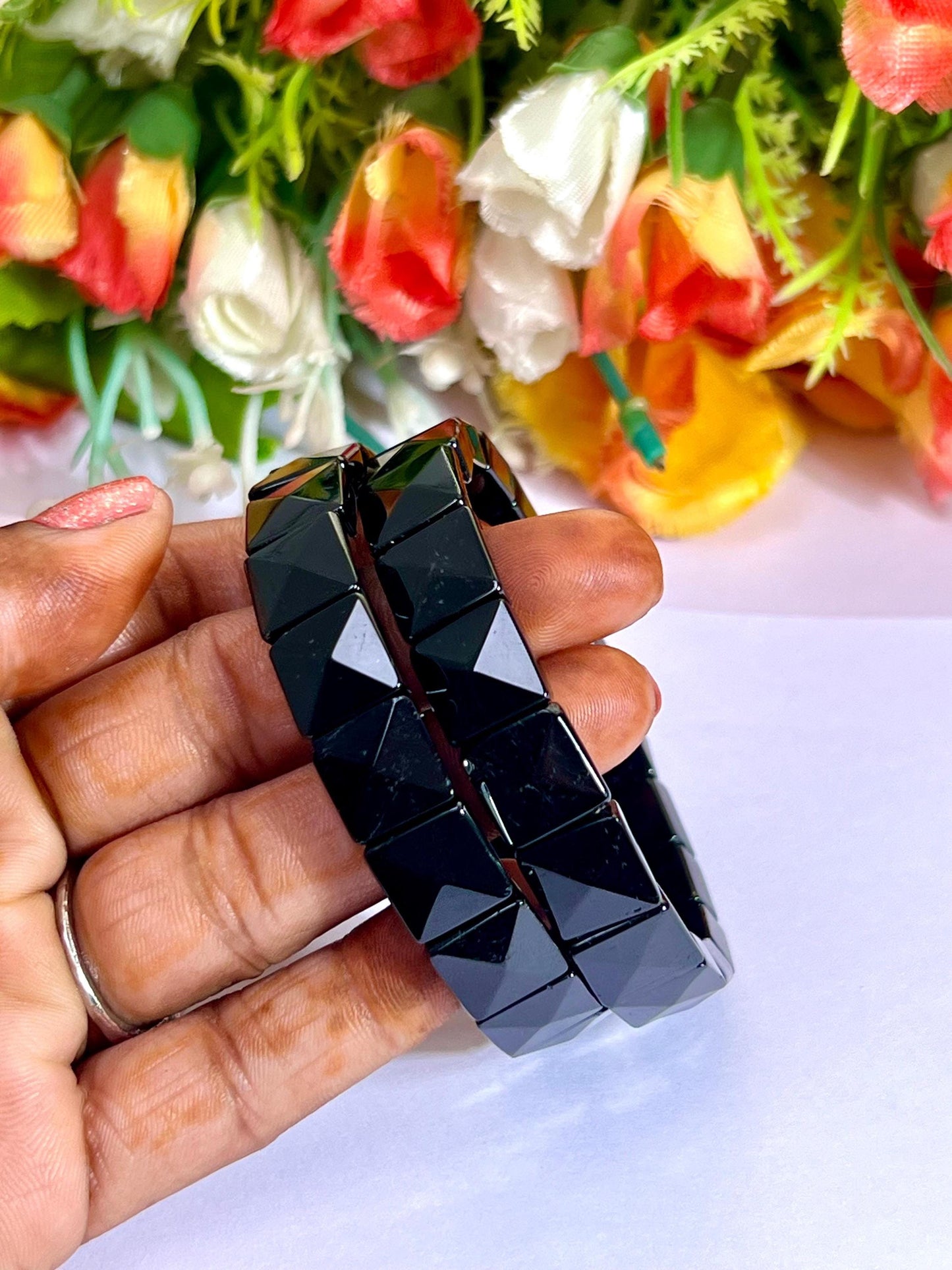 Black Tourmaline Stone Pyramid Shape 10 MM Bracelet