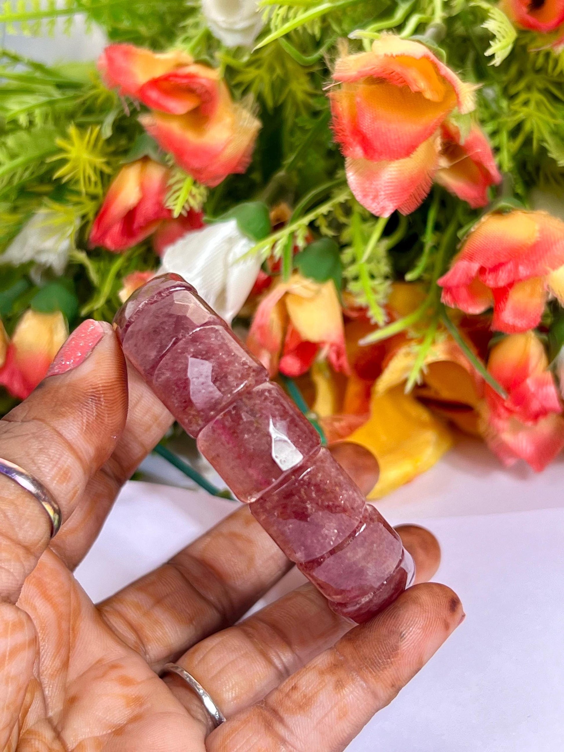 15 MM Pink Strawberry Quartz Stone Bracelet l Stretchable Bracelet