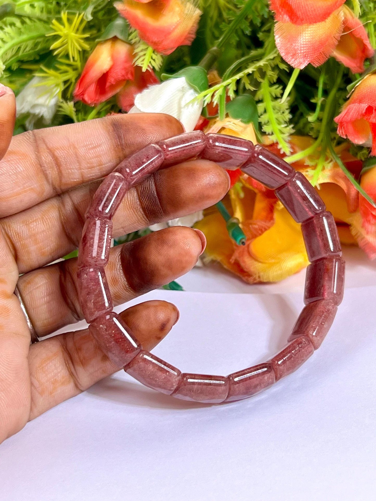 15 MM Pink Strawberry Quartz Stone Bracelet l Stretchable Bracelet