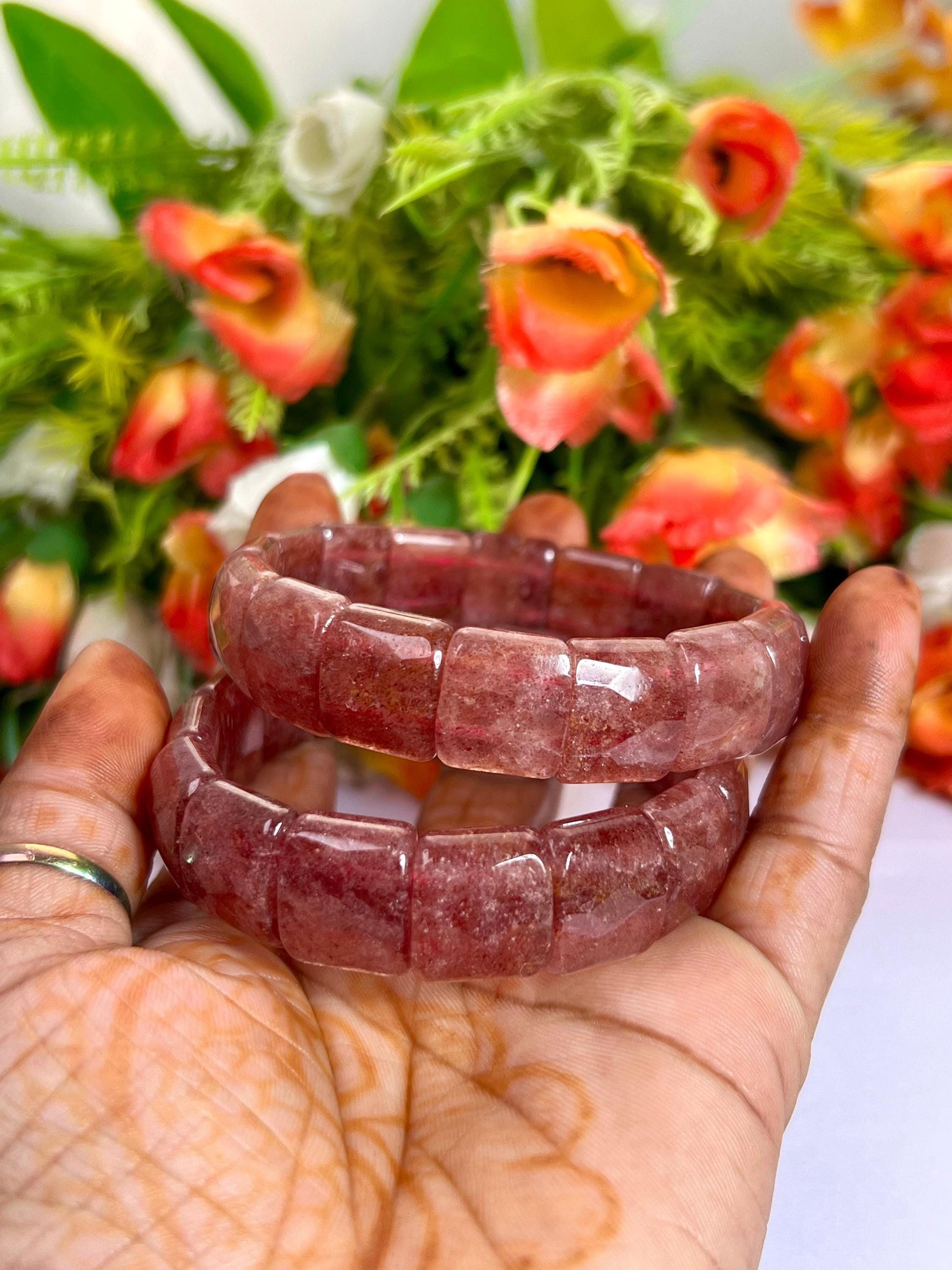 15 MM Pink Strawberry Quartz Stone Bracelet l Stretchable Bracelet