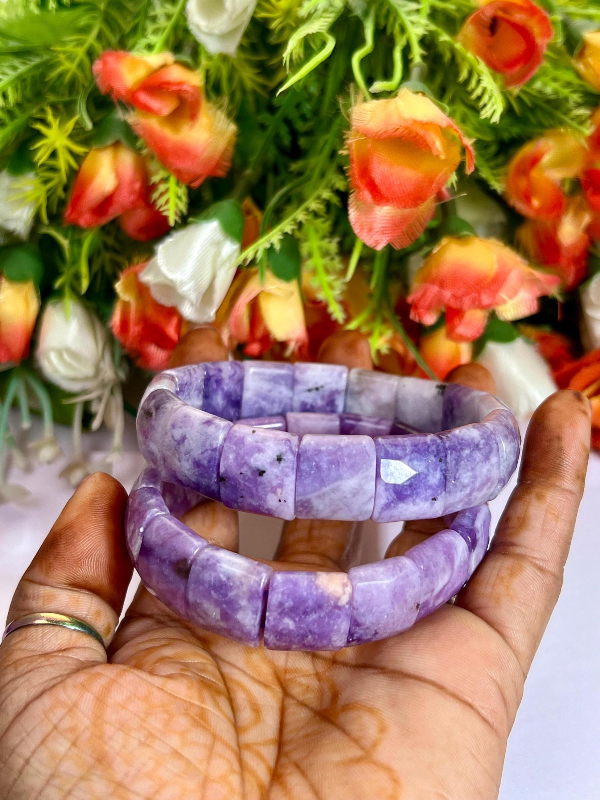 15 MM Lepidolite Stone Bracelet l Stretchable Bracelet