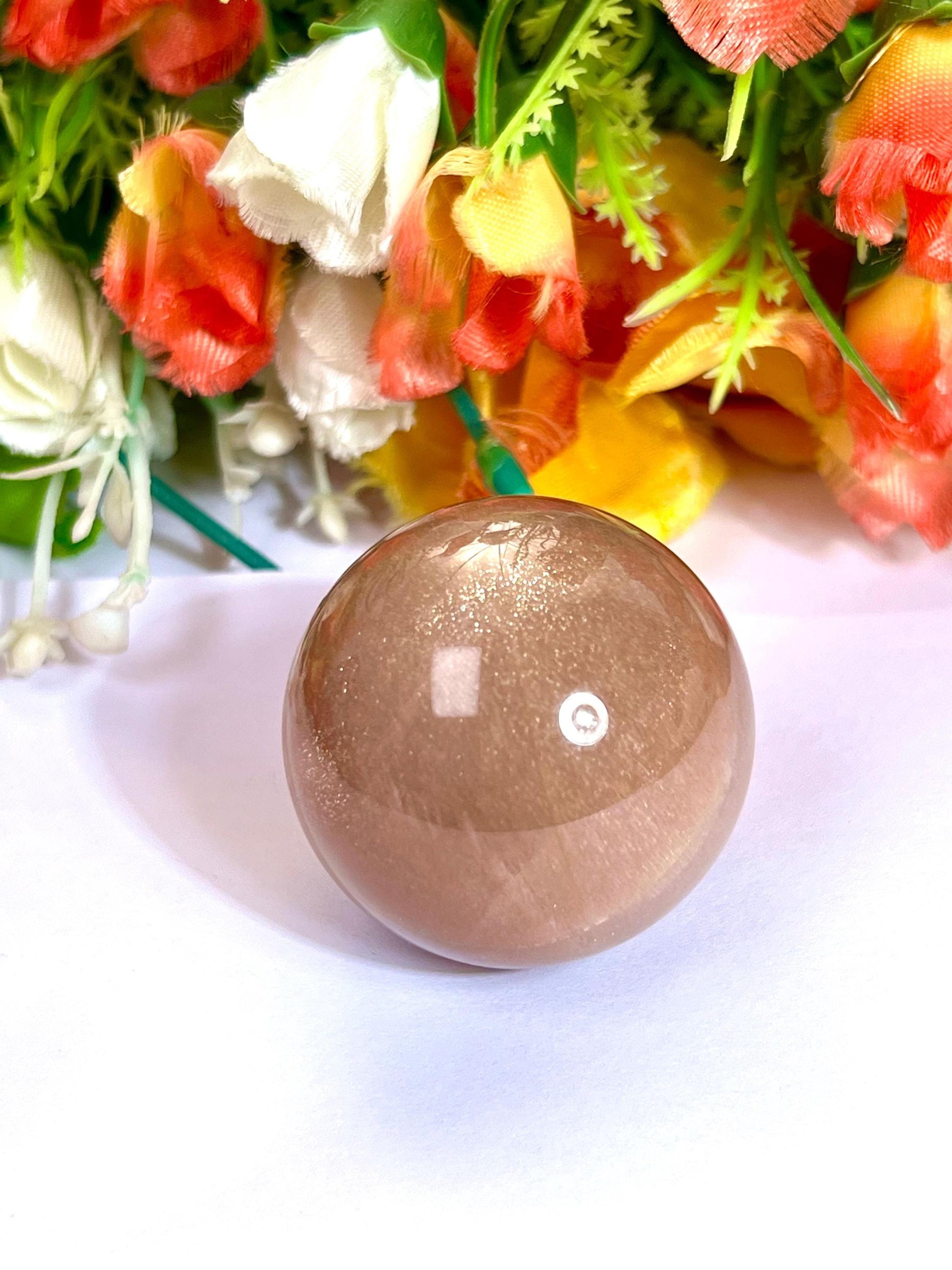 Silver Flash Peach Moonstone Sphere 40 MM Crystal Ball Orb Pocket Stone Meditation Space Crystal Grid With wooden Stand
